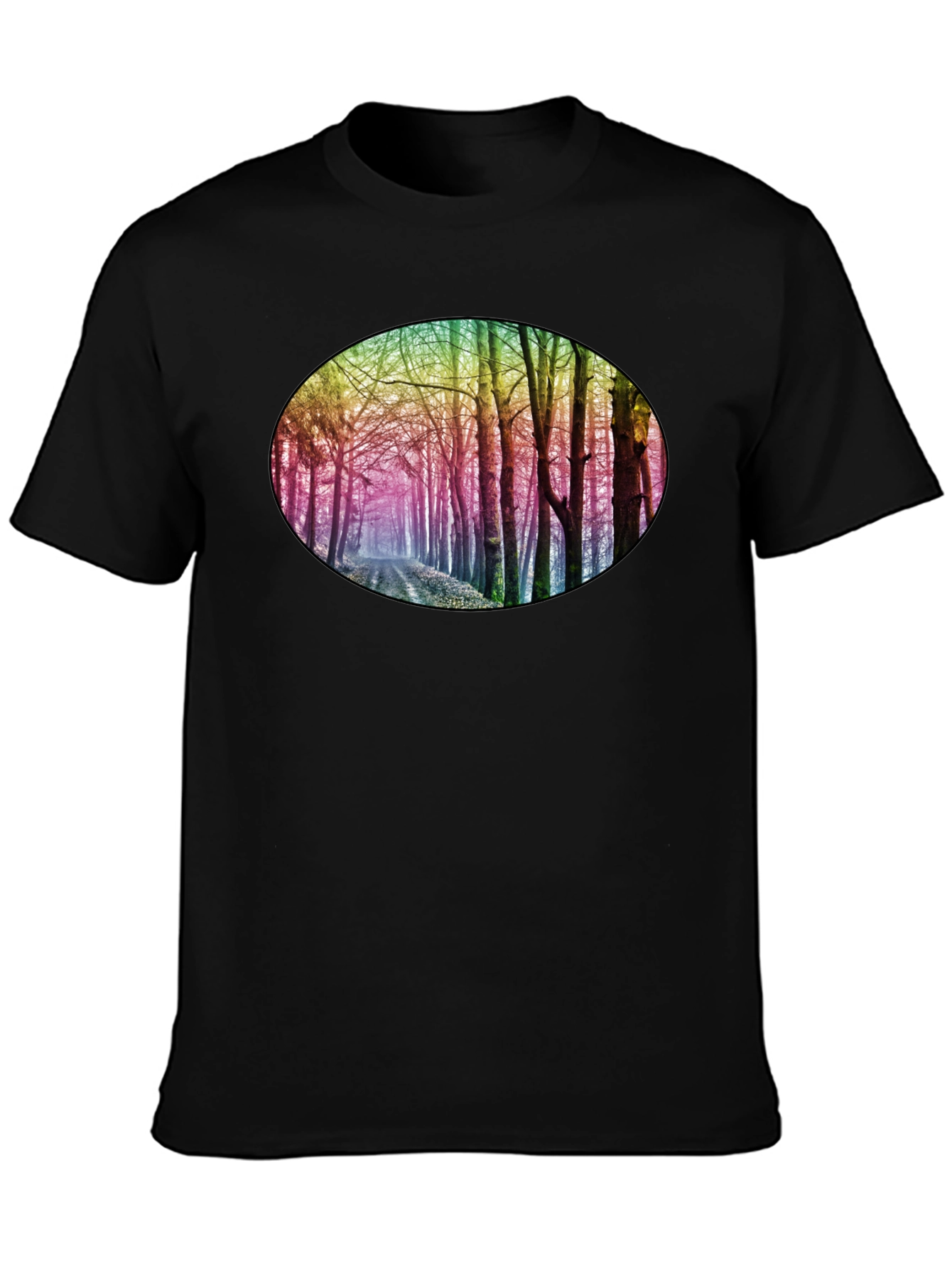 Rainbow Forest Print Black T-Shirt