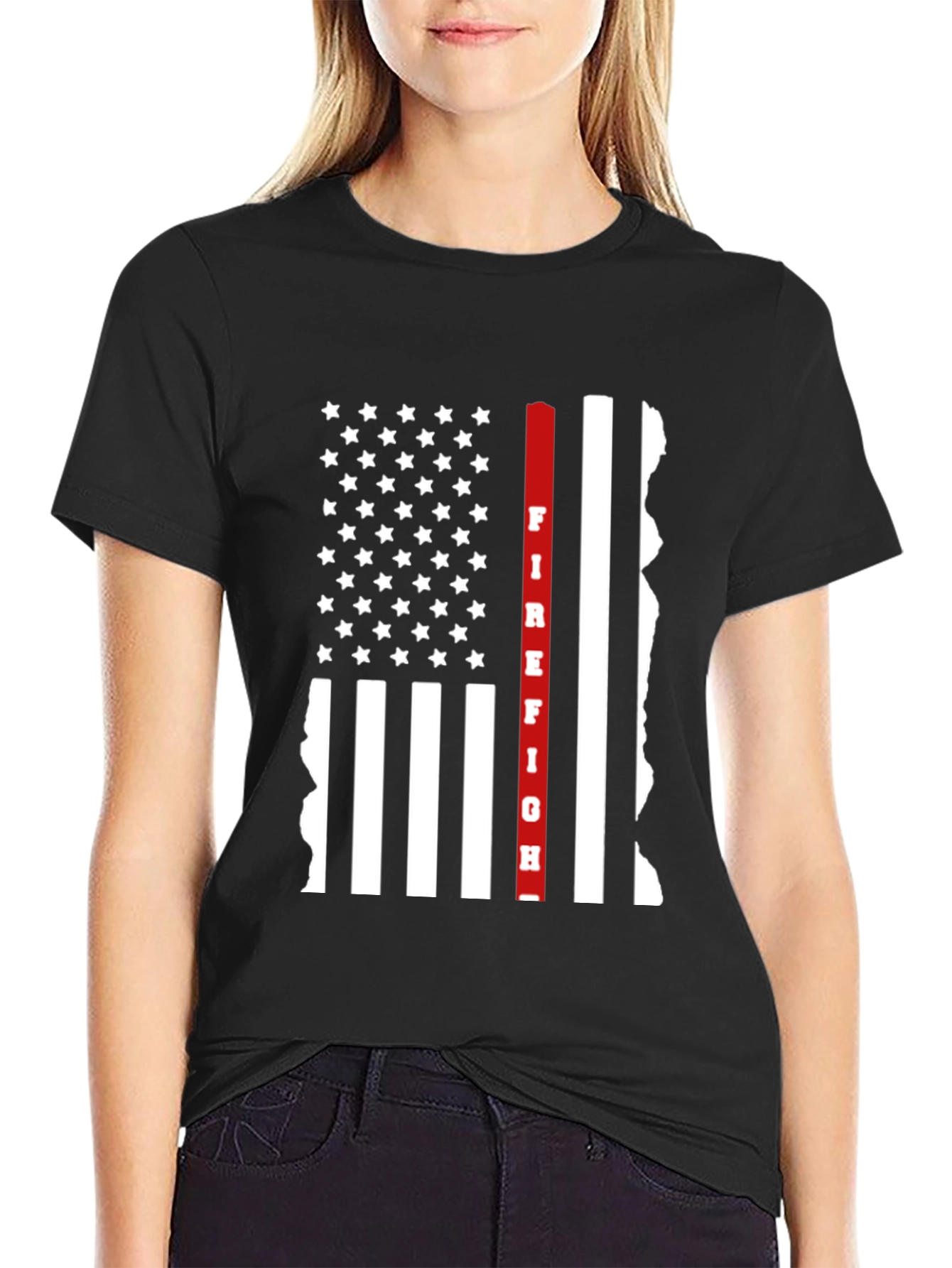 Firefighter Thin Red Line American Flag Graphic T-Shirt
