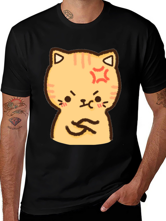 Angry Cat Cartoon Print T-Shirt - Black