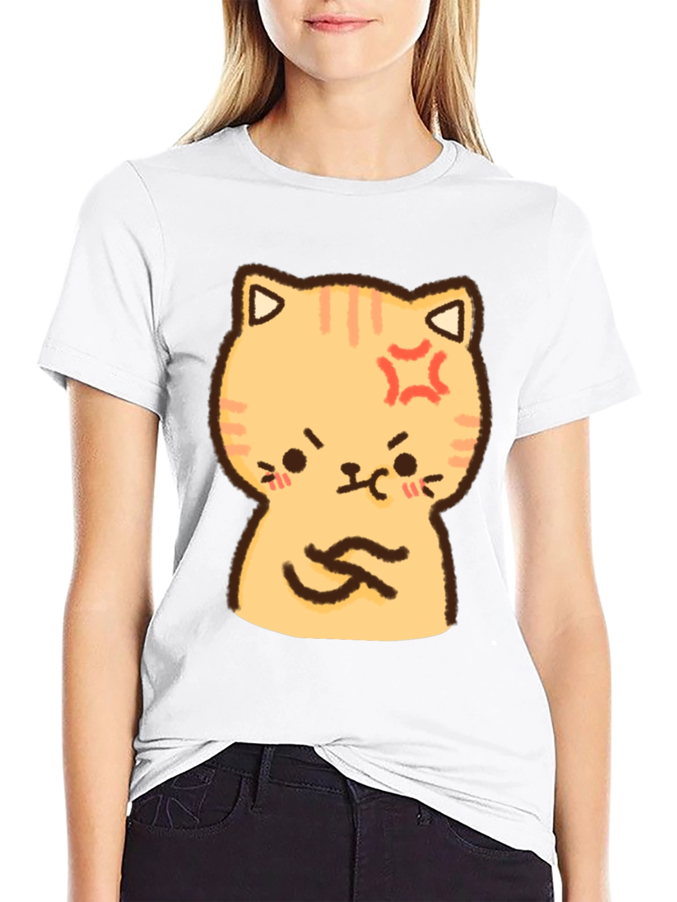 Angry Cat Cartoon Print T-Shirt - Black