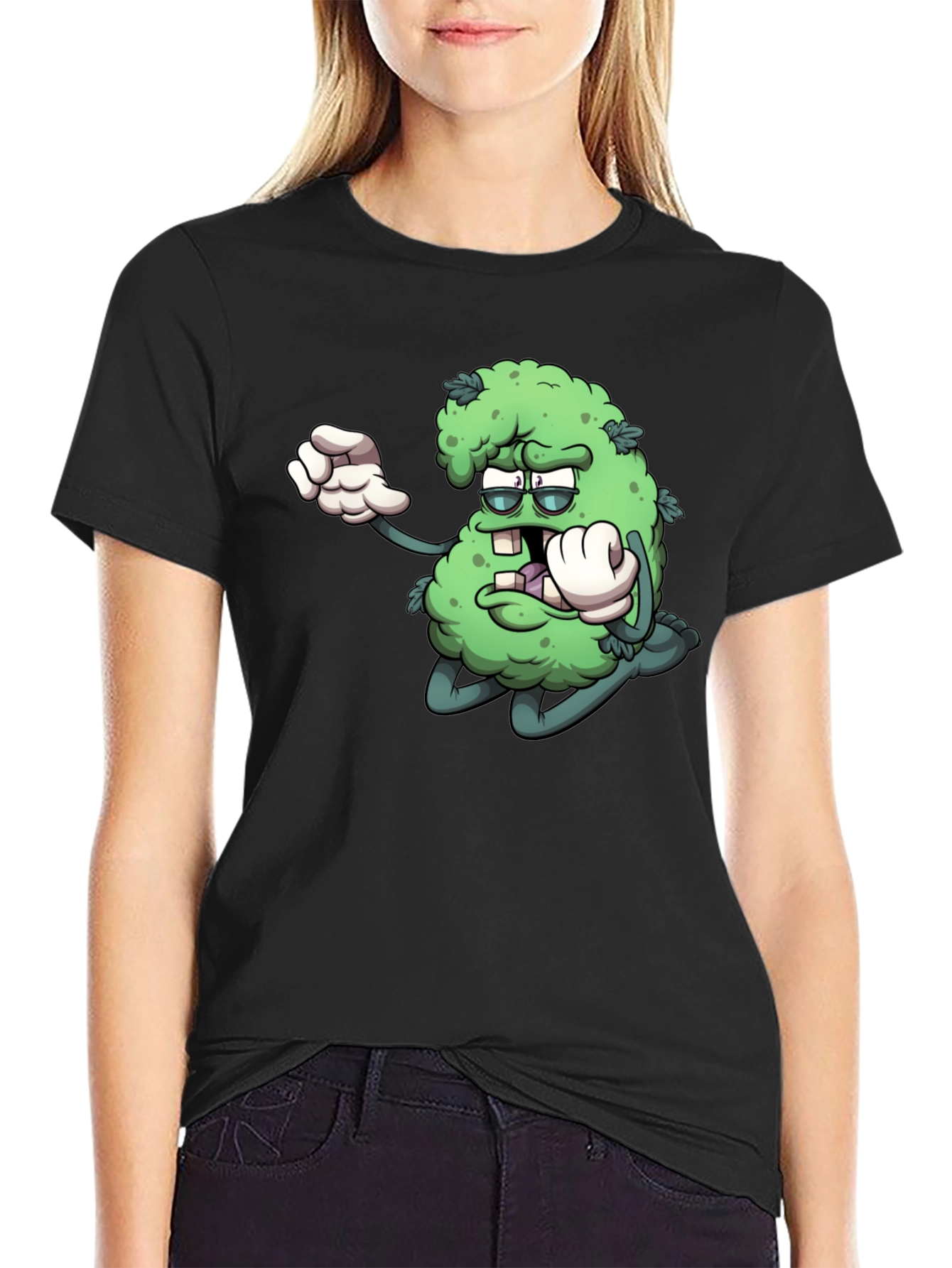 Cartoon Marijuana Graphic Black T-Shirt