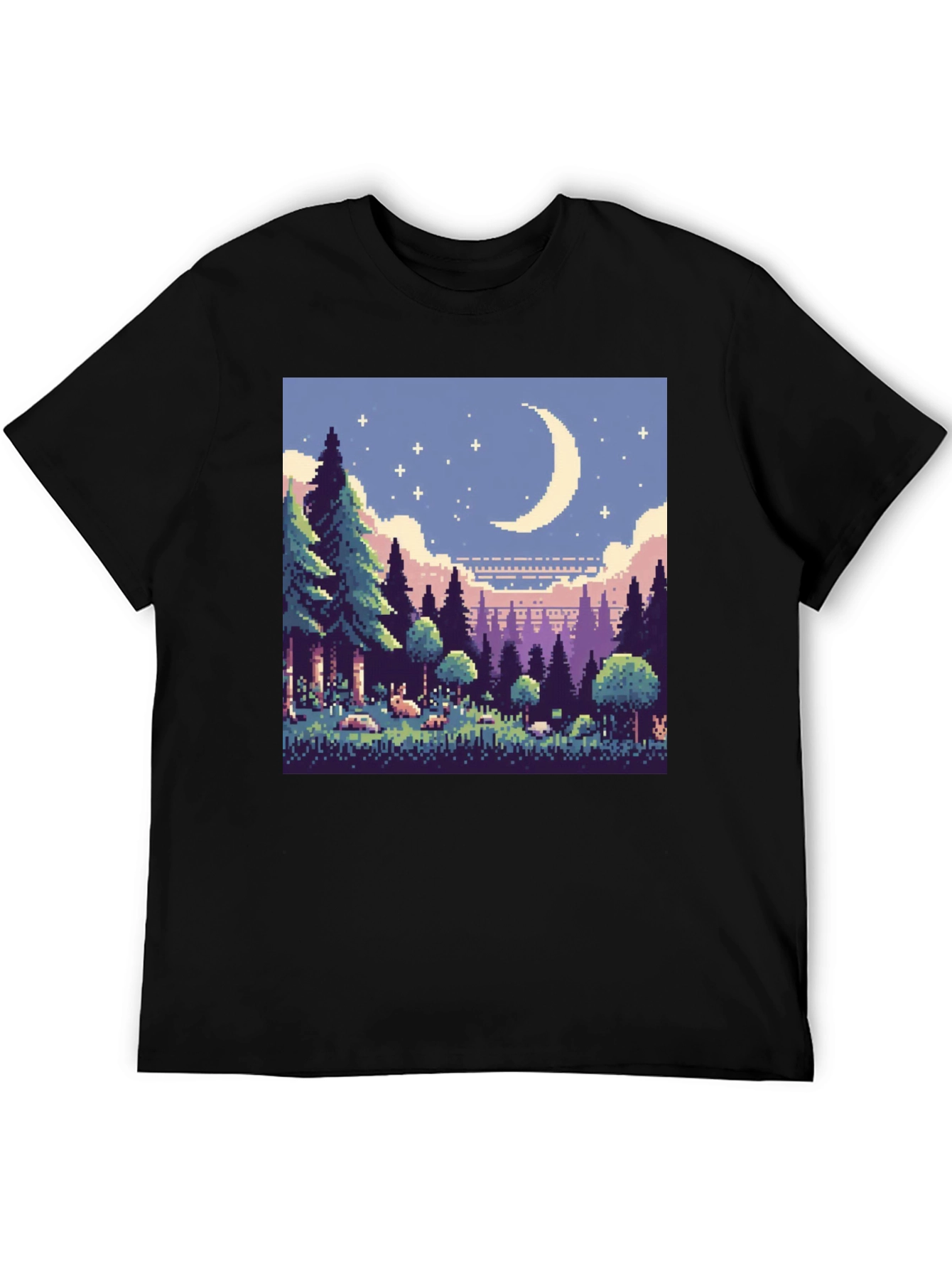 Pixel Art Moonlit Forest Black T-Shirt