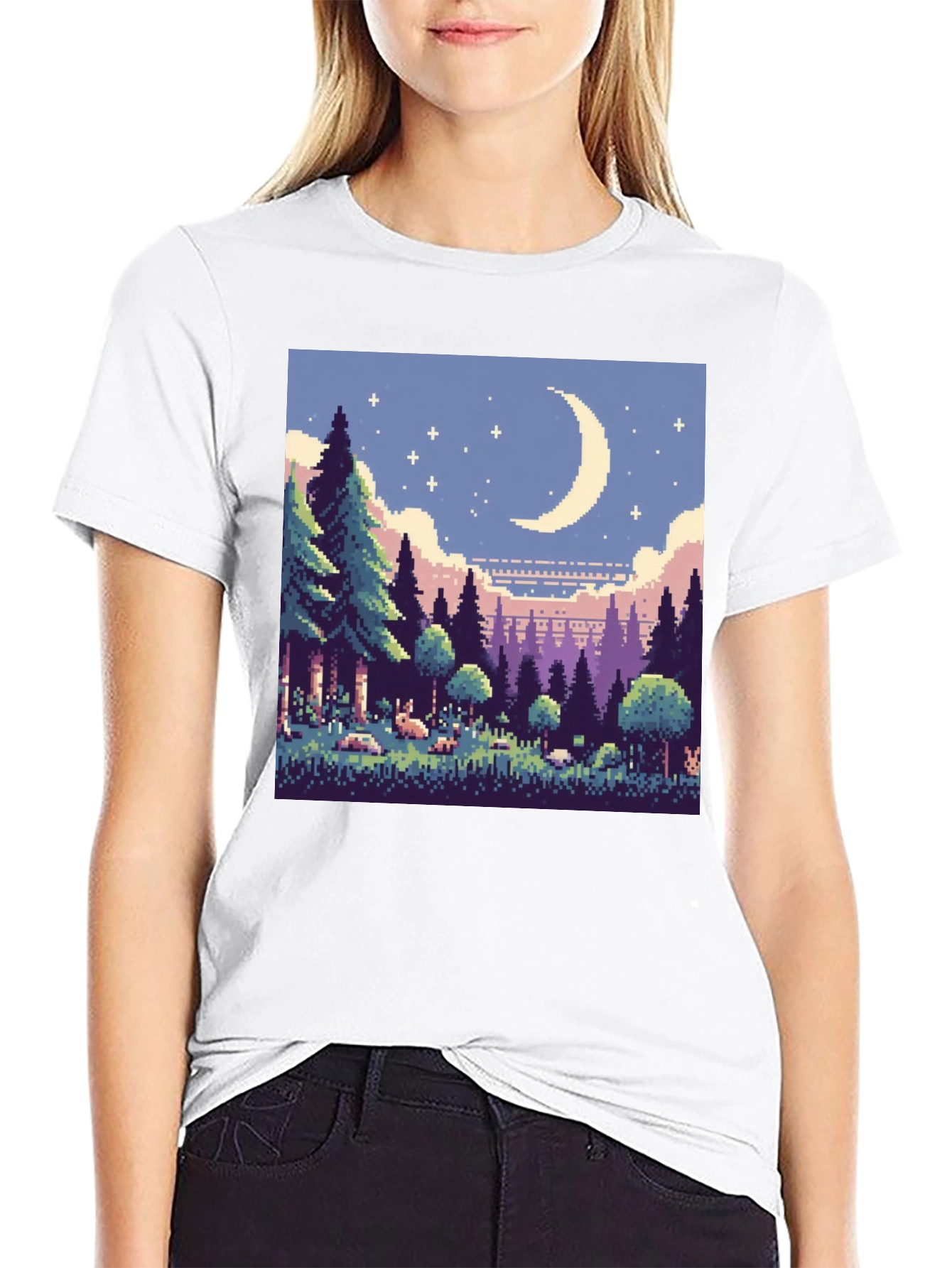 Pixel Art Moonlit Forest Black T-Shirt
