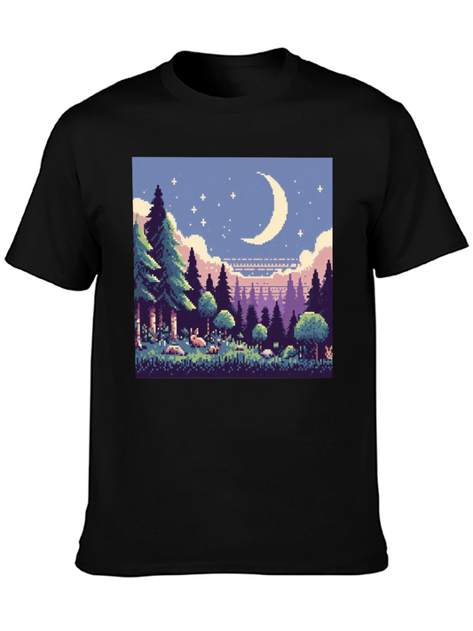 Pixel Art Moonlit Forest Black T-Shirt