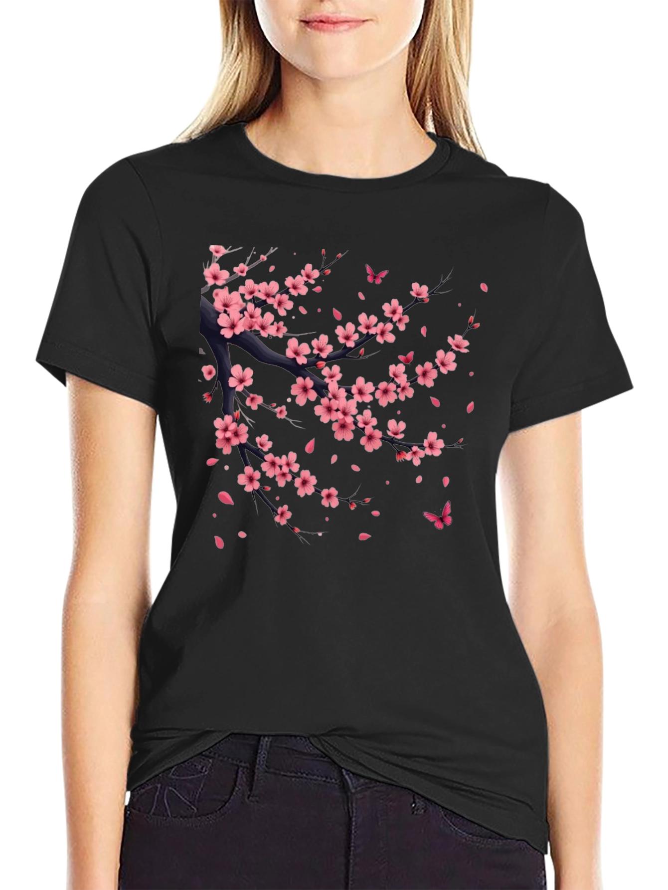 Cherry Blossom Print Black T-Shirt