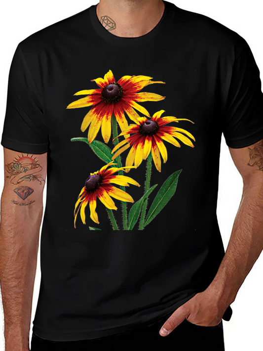 Black T-Shirt with Rudbeckia Flower Print