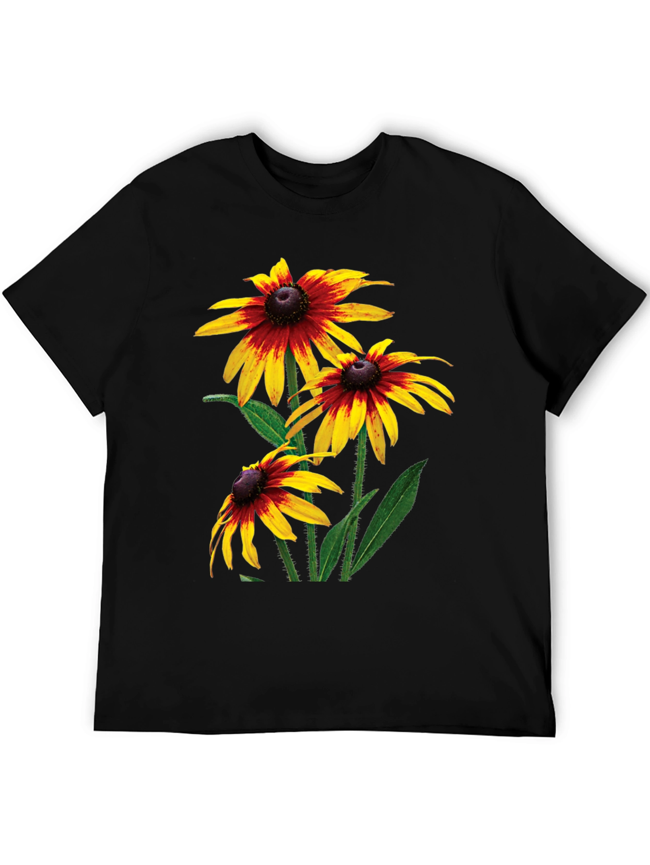 Black T-Shirt with Rudbeckia Flower Print