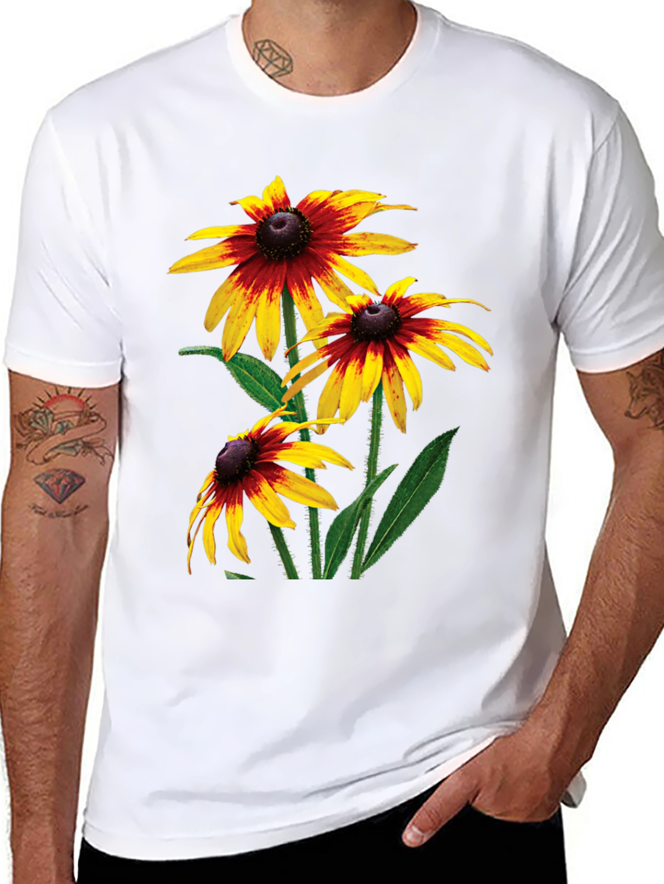 Black T-Shirt with Rudbeckia Flower Print