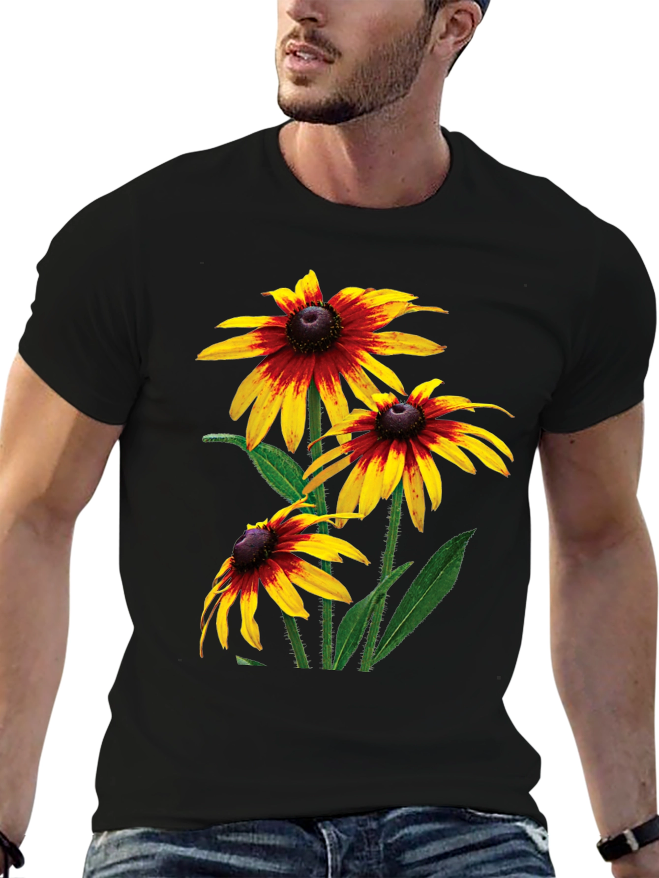 Black T-Shirt with Rudbeckia Flower Print