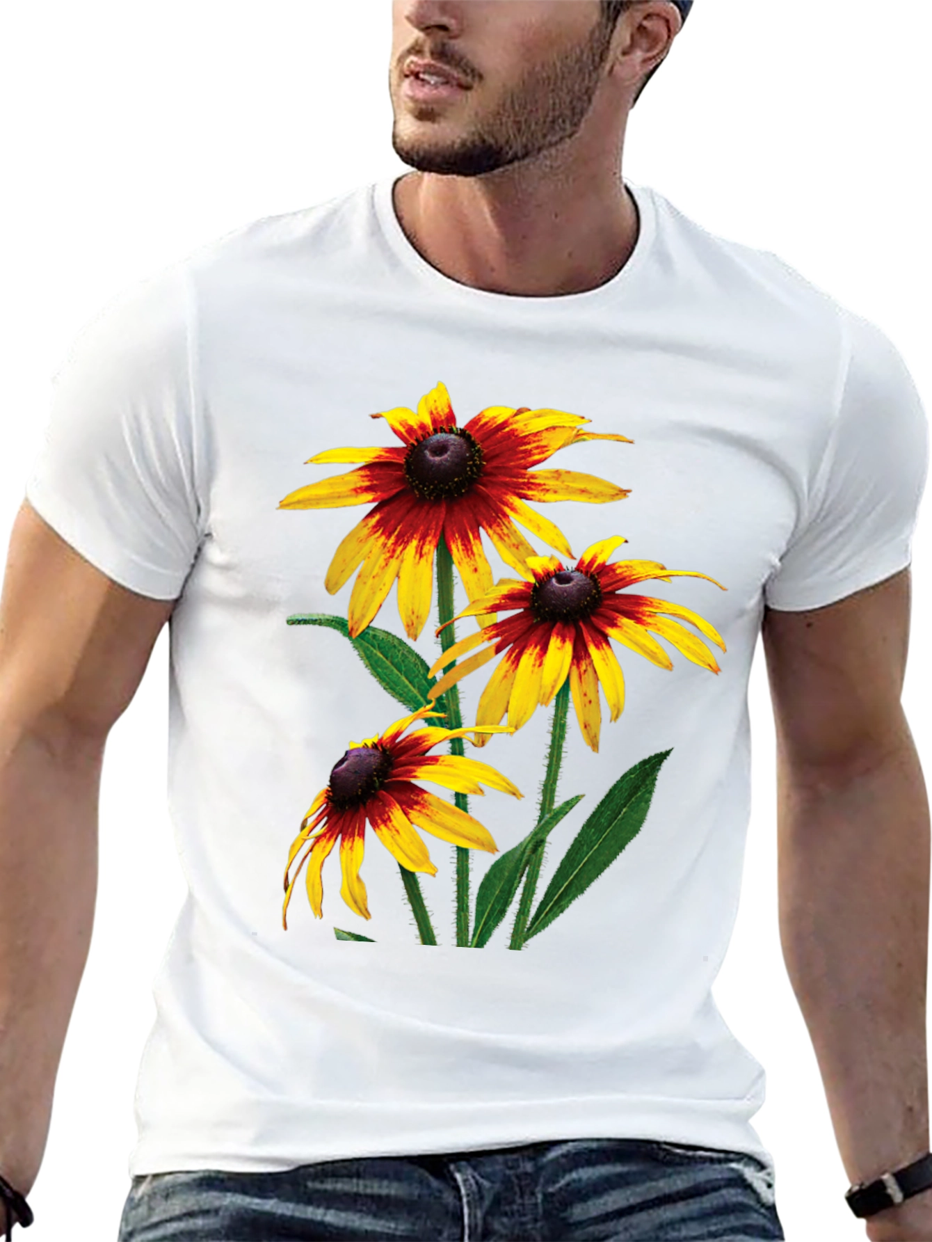 Black T-Shirt with Rudbeckia Flower Print