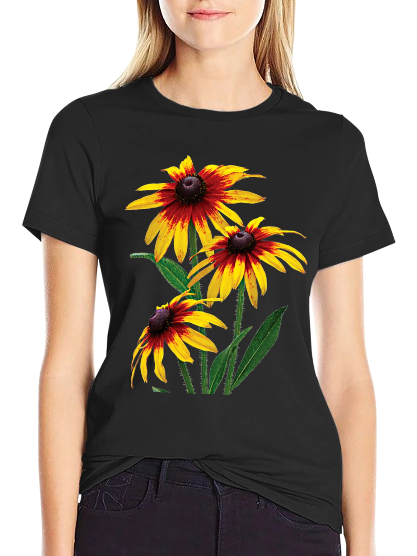 Black T-Shirt with Rudbeckia Flower Print