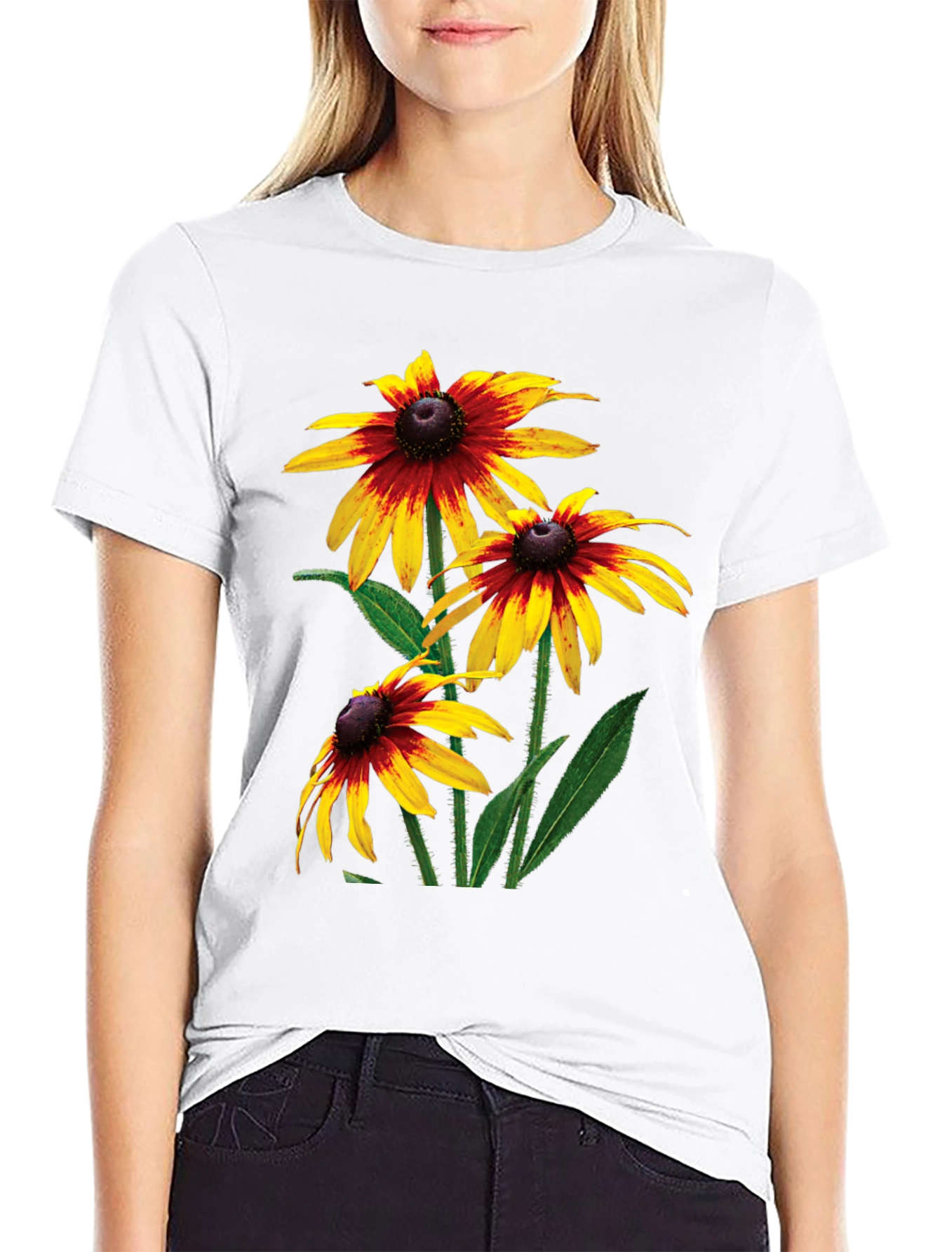 Black T-Shirt with Rudbeckia Flower Print