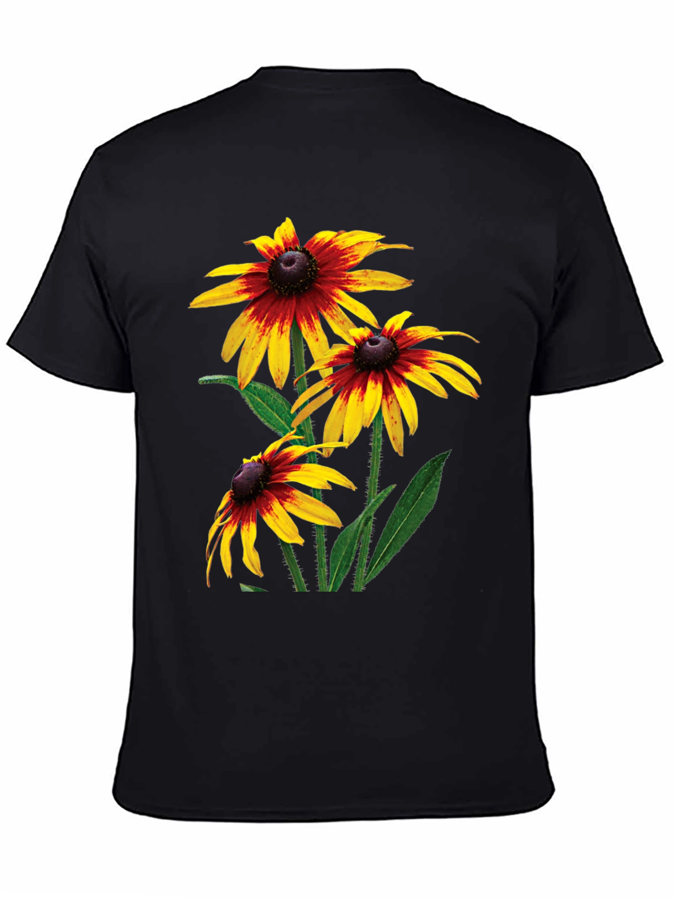 Black T-Shirt with Rudbeckia Flower Print