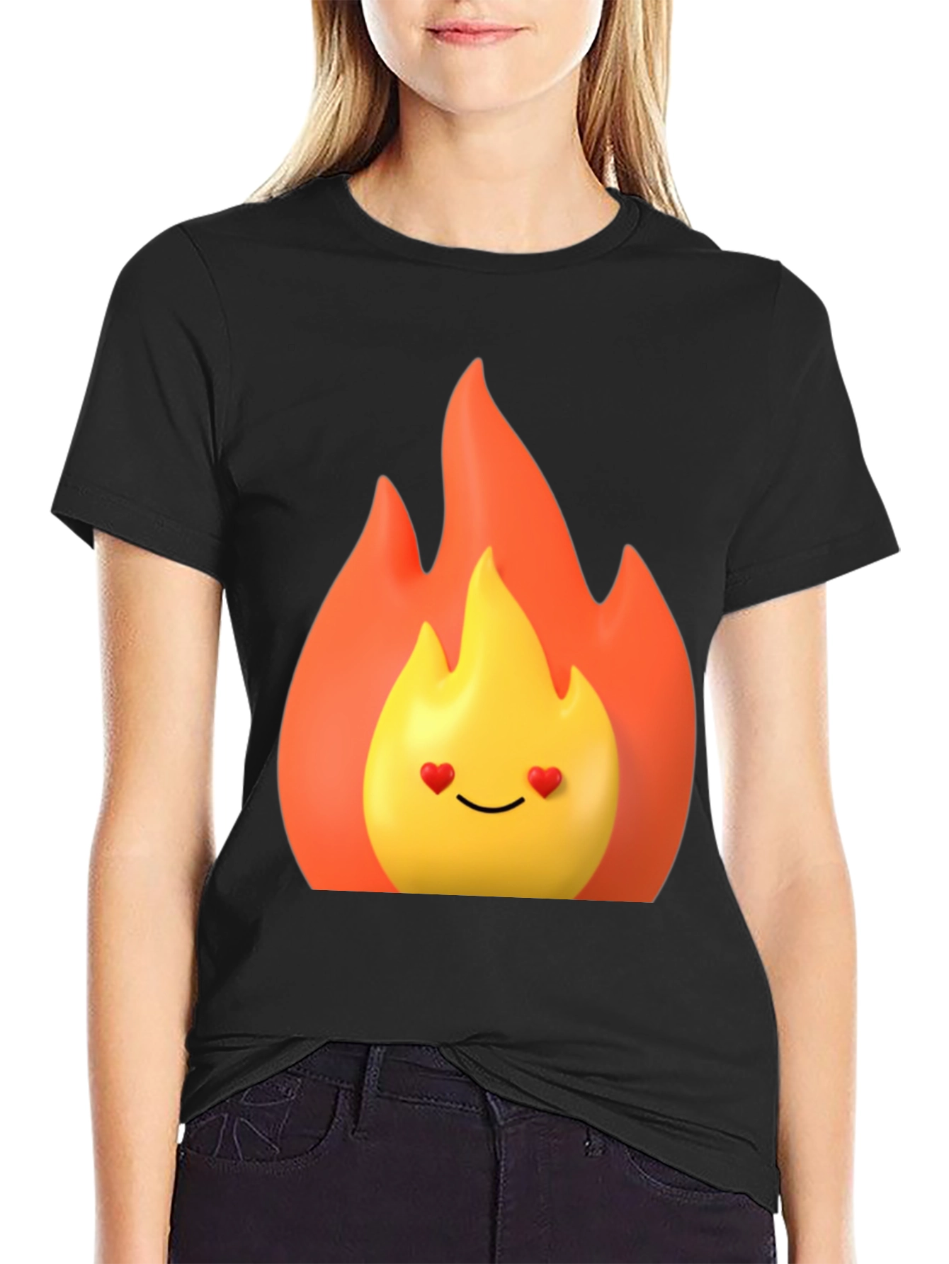 Flaming Heart Eyes Emoji Black T-Shirt