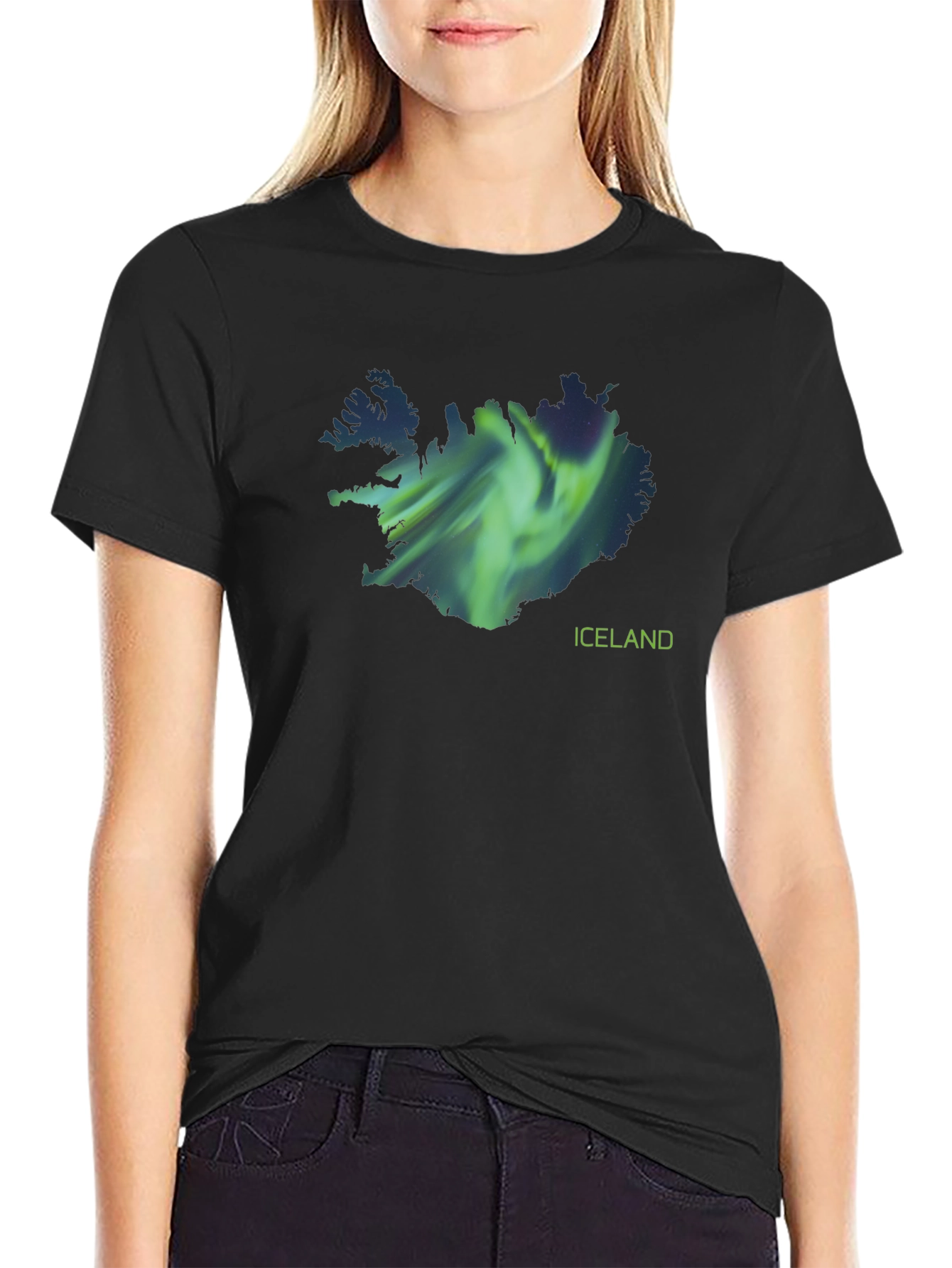 Iceland Aurora Borealis Map Black T-Shirt