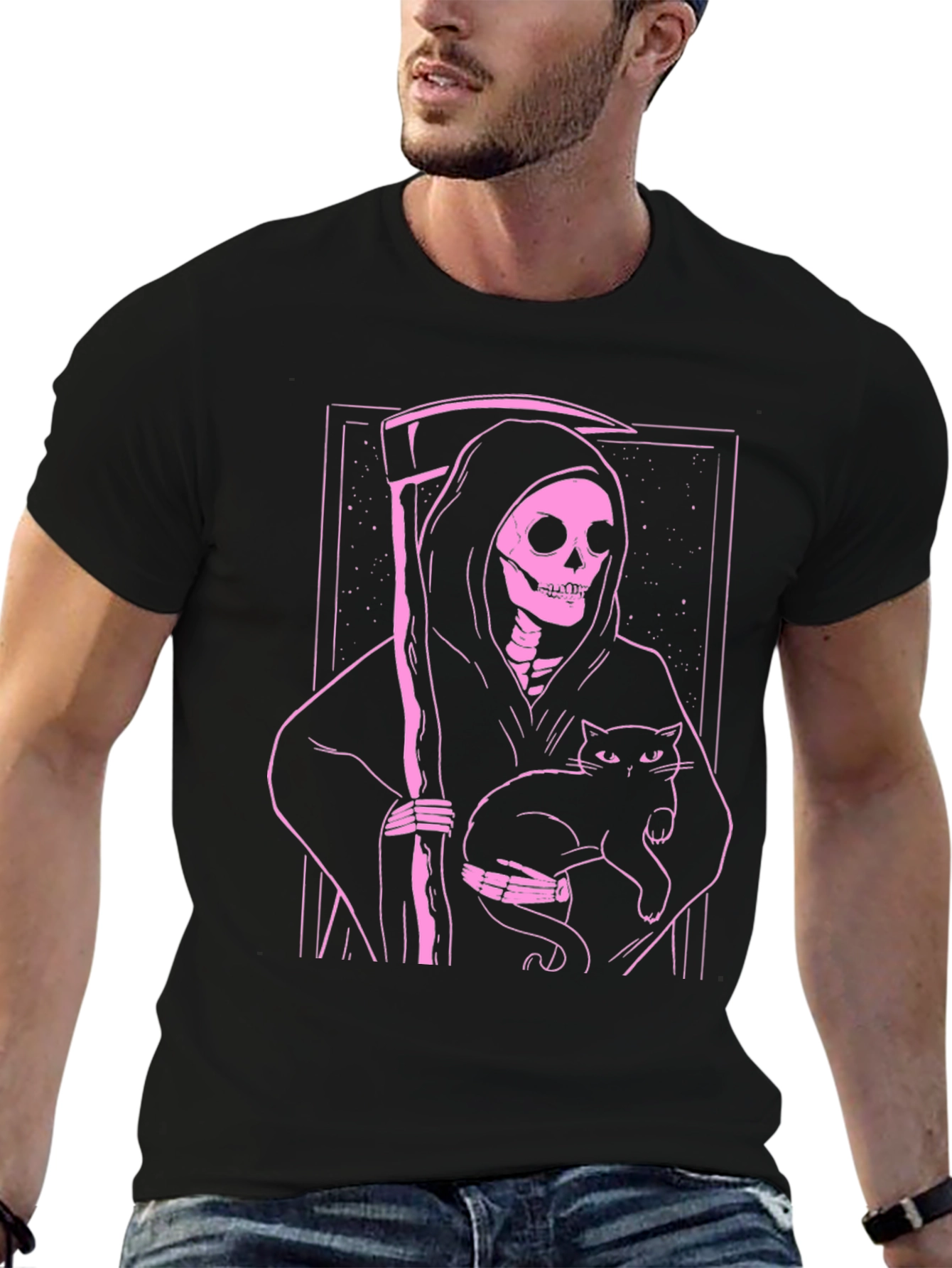 Grim Reaper Cat T-Shirt - Black Graphic Tee