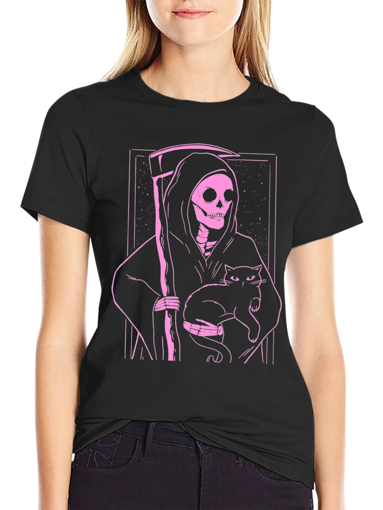 Grim Reaper Cat T-Shirt - Black Graphic Tee