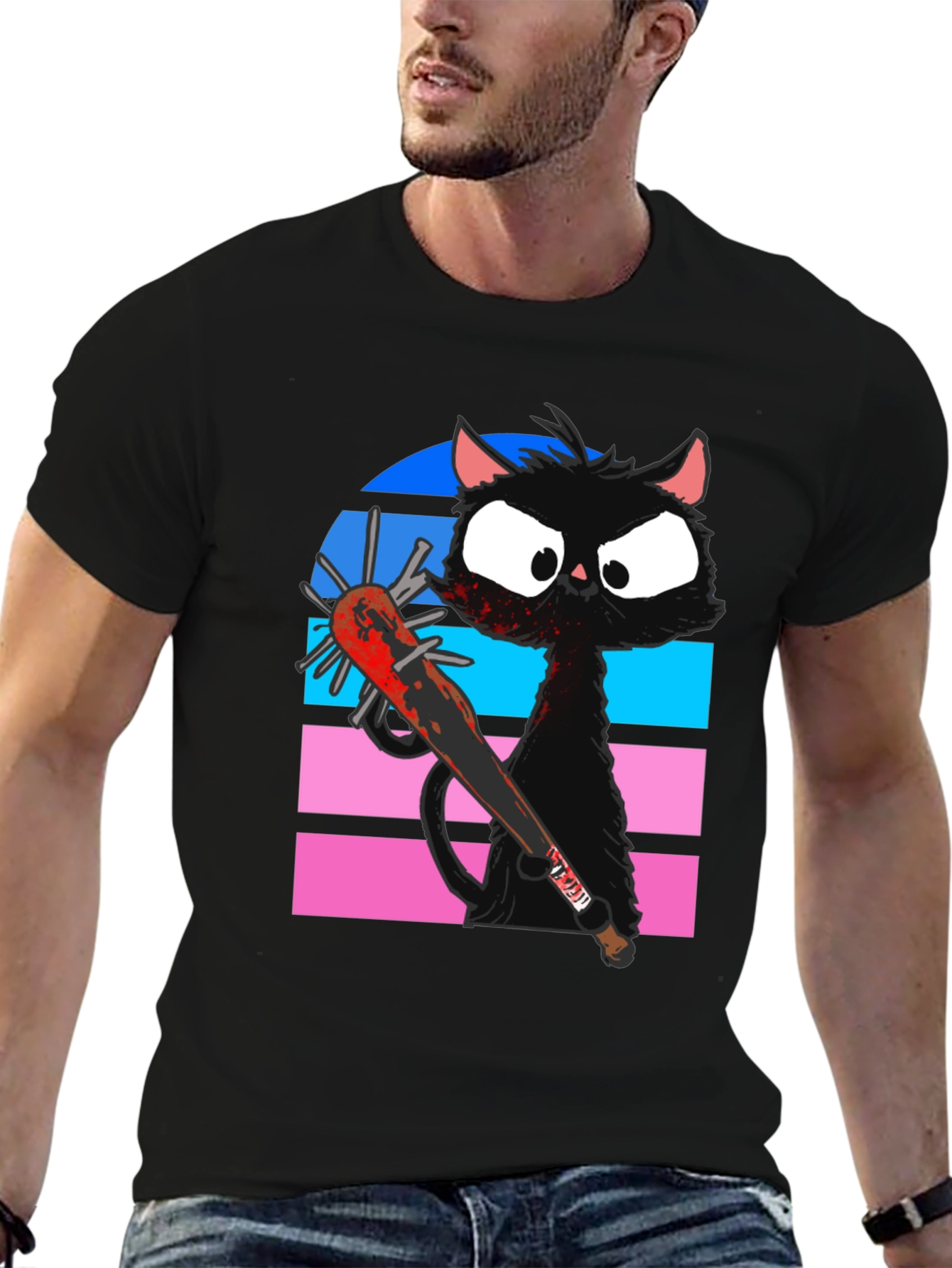 Black Cat with Spiked Bat Graphic T-Shirt