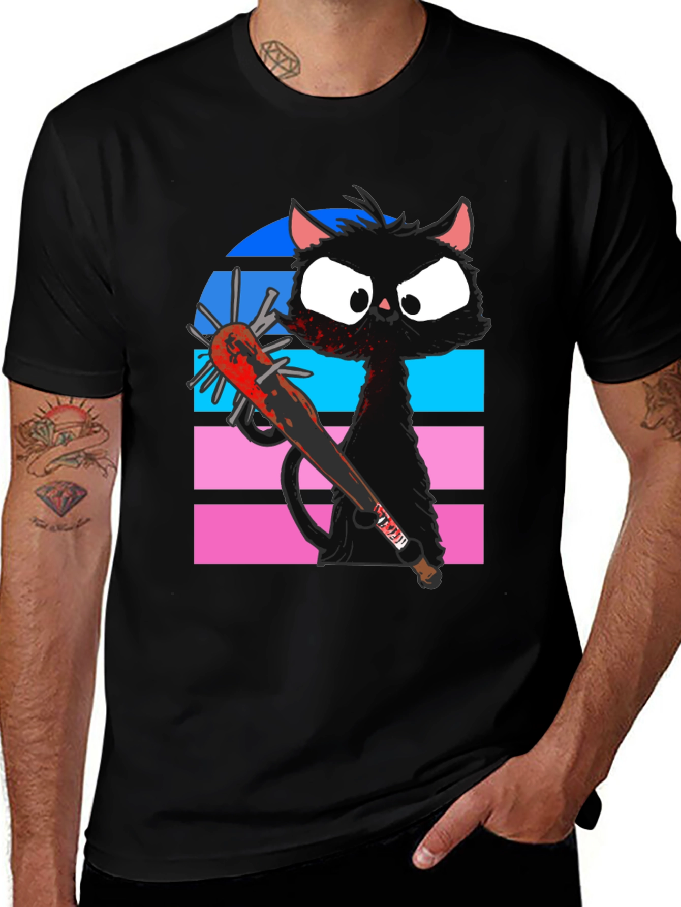 Black Cat with Spiked Bat Graphic T-Shirt