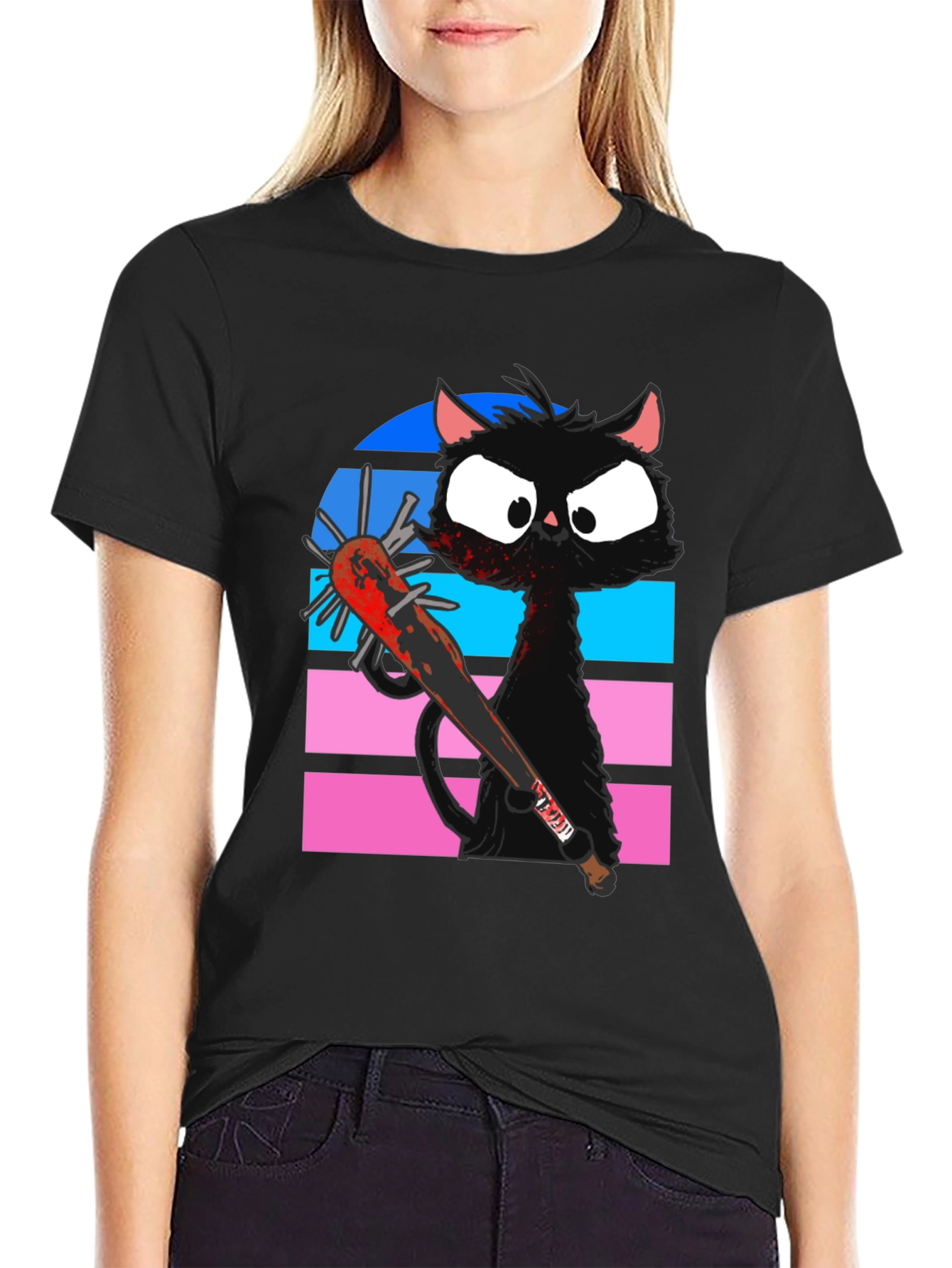 Black Cat with Spiked Bat Graphic T-Shirt
