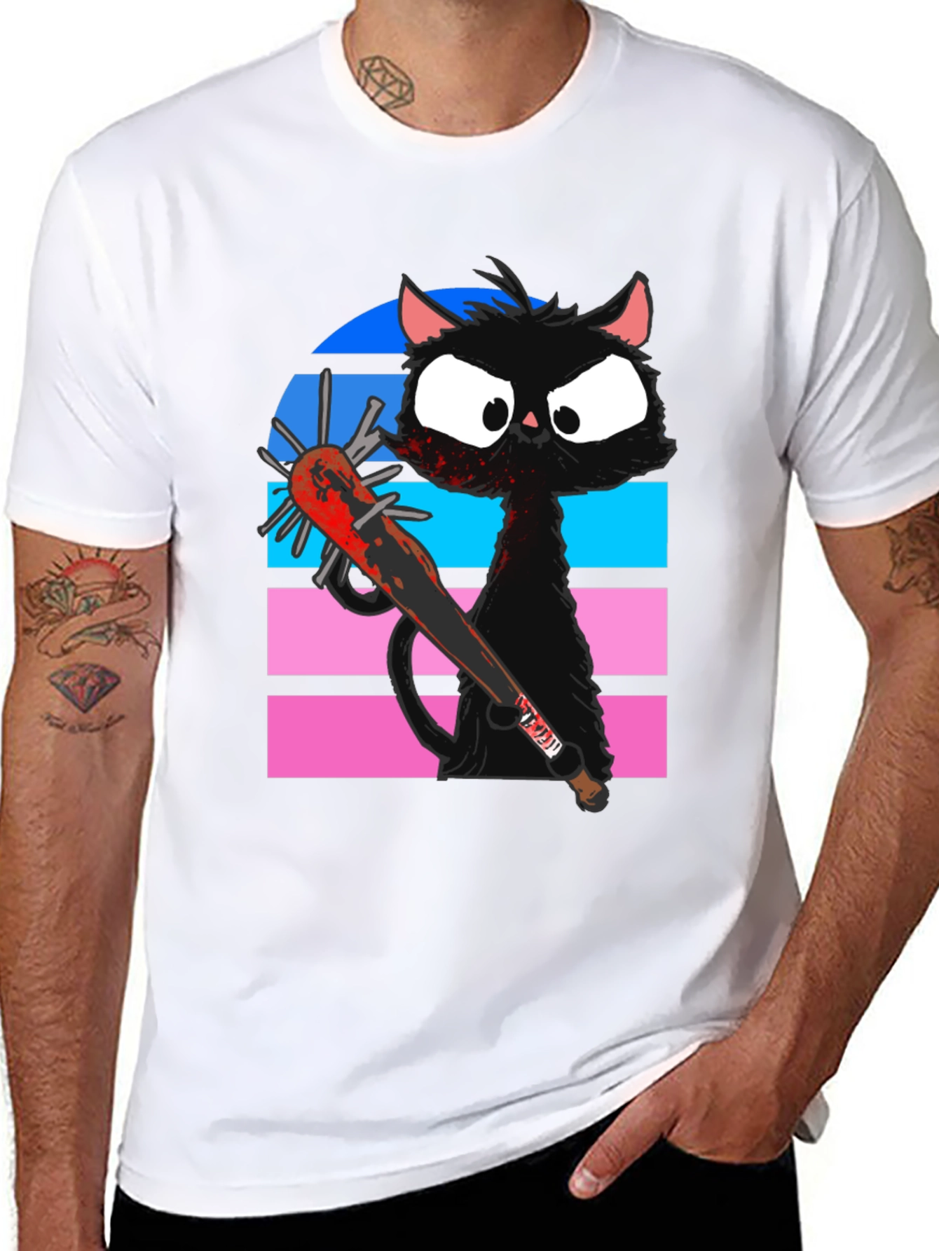 Black Cat with Spiked Bat Graphic T-Shirt