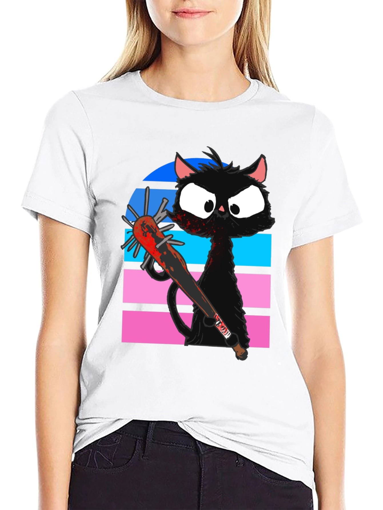 Black Cat with Spiked Bat Graphic T-Shirt