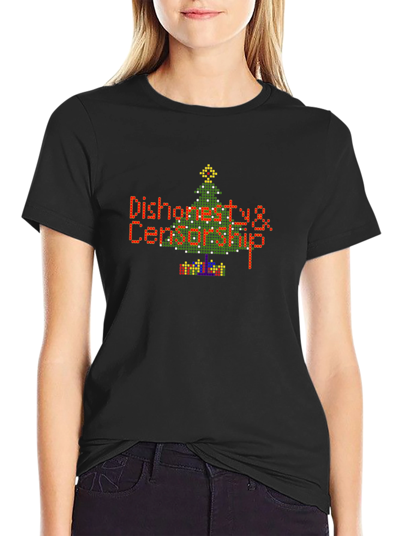 Pixel Art Dishonesty Christmas Tree Black Tee