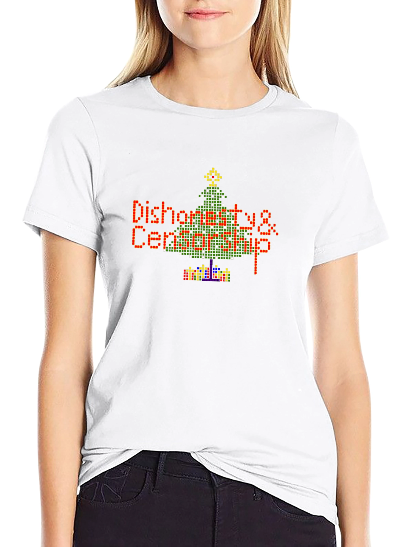 Pixel Art Dishonesty Christmas Tree Black Tee