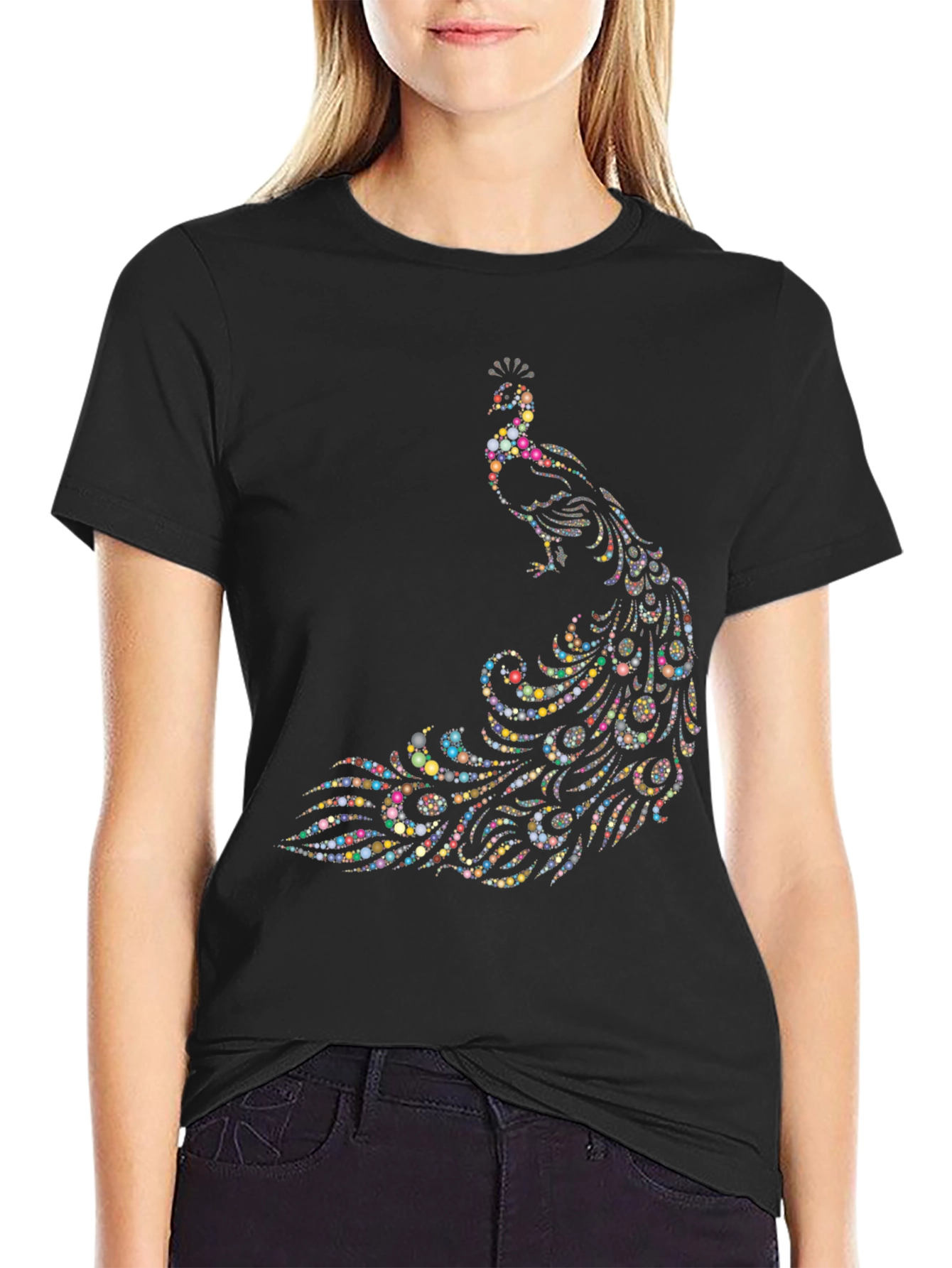 Peacock Dot Art Graphic Black T-Shirt