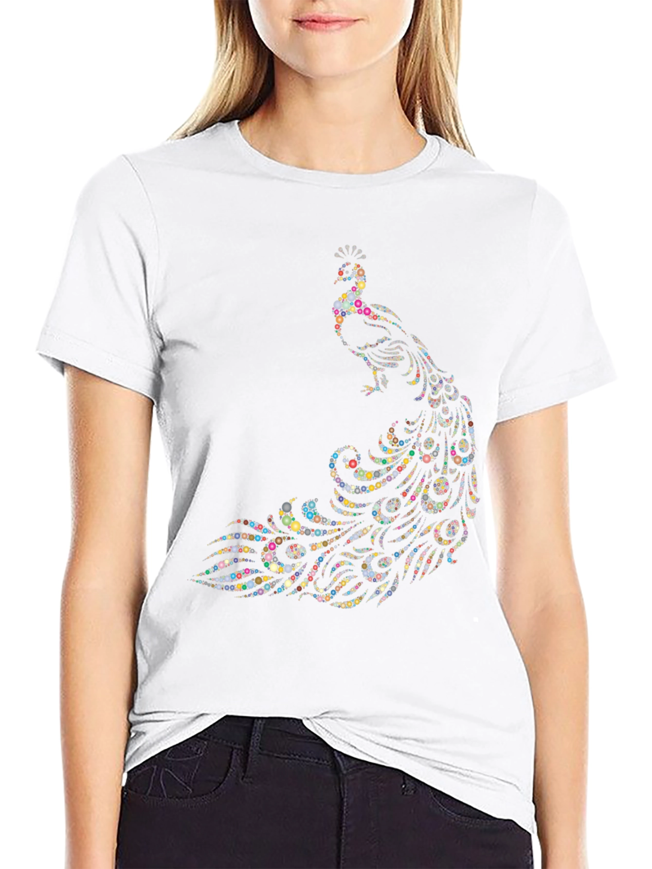 Peacock Dot Art Graphic Black T-Shirt