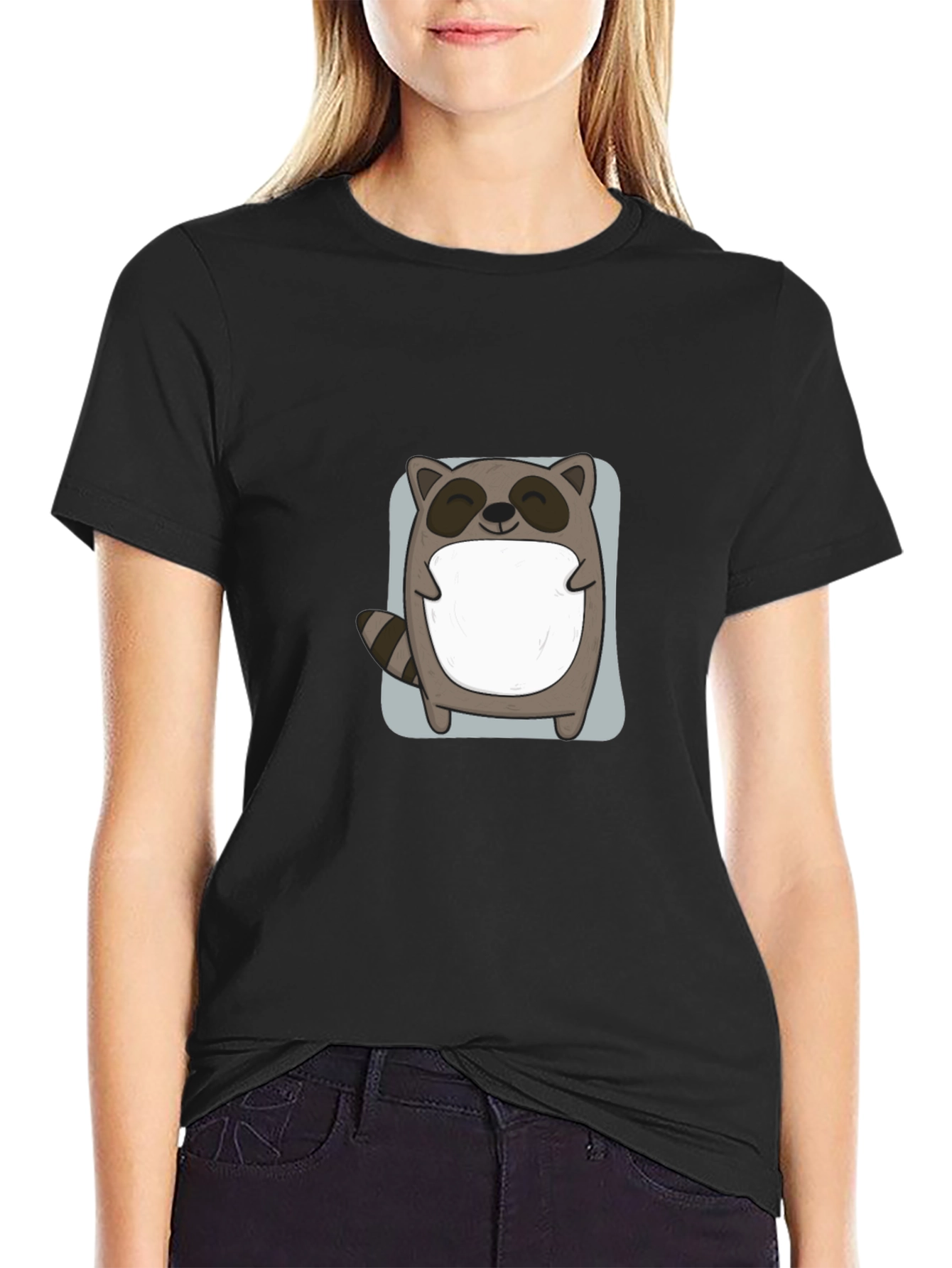 Cute Raccoon Graphic Black T-Shirt