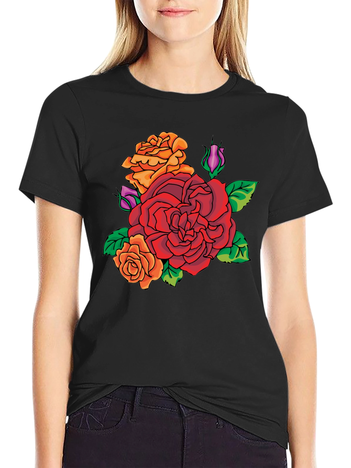 Floral Rose Graphic T-Shirt - Classic Crew Neck