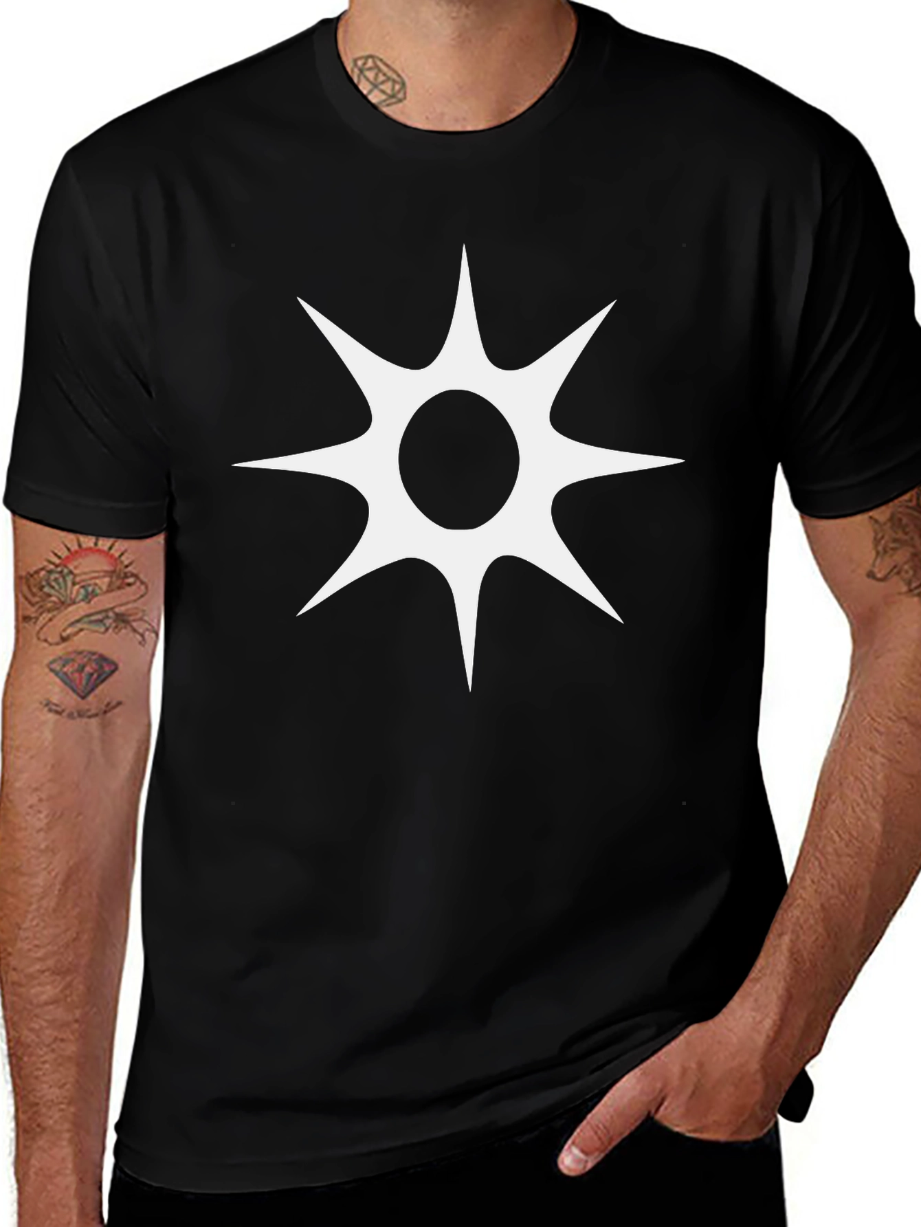 Black T-Shirt with White Starburst Design