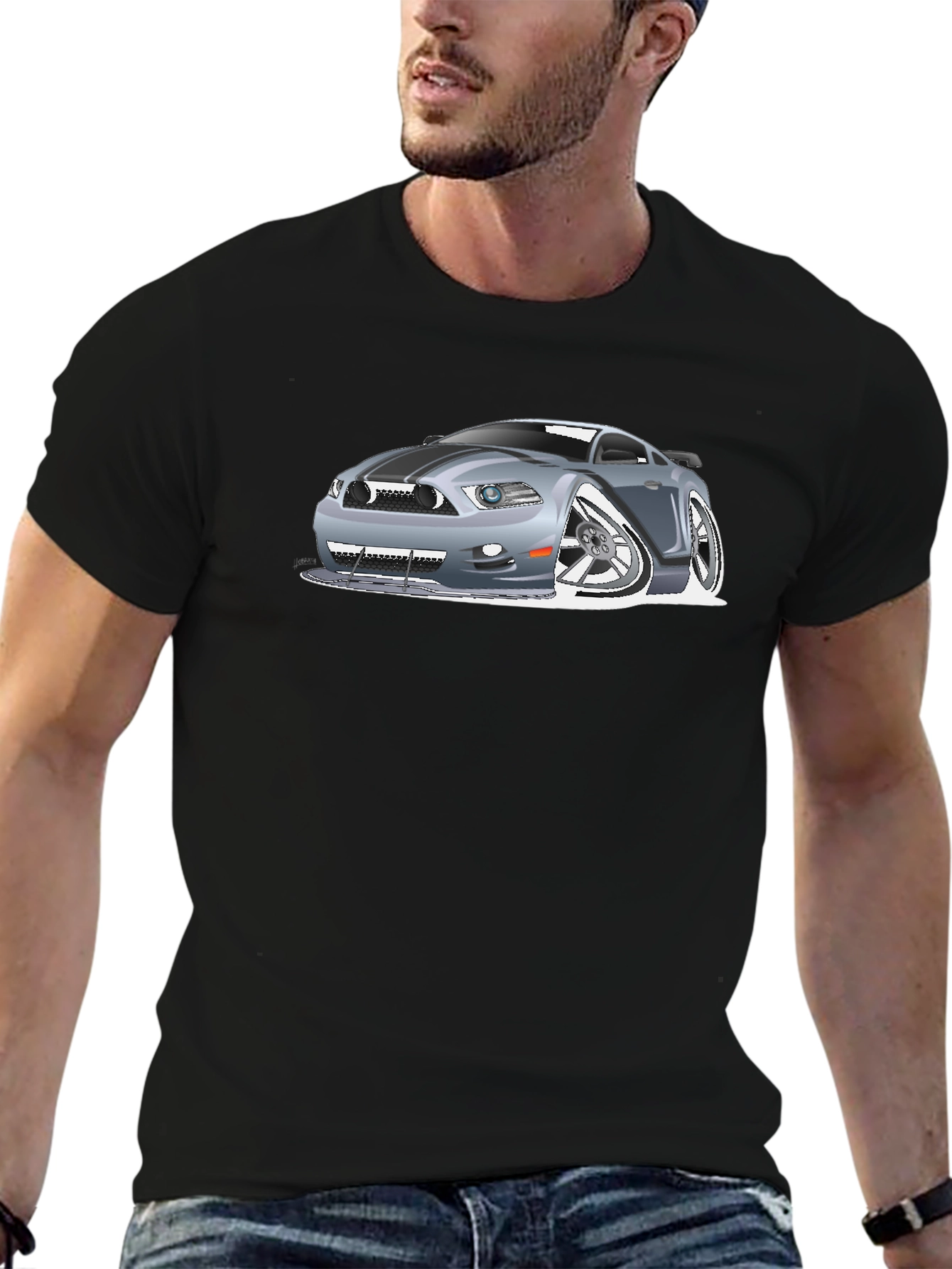 Caricature Car Graphic T-Shirt - Black