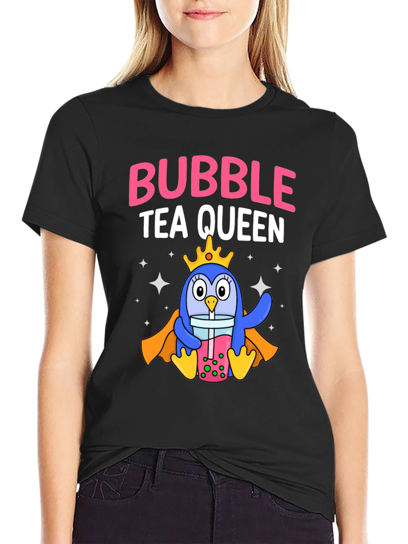 Bubble Tea Queen Penguin Graphic T-Shirt