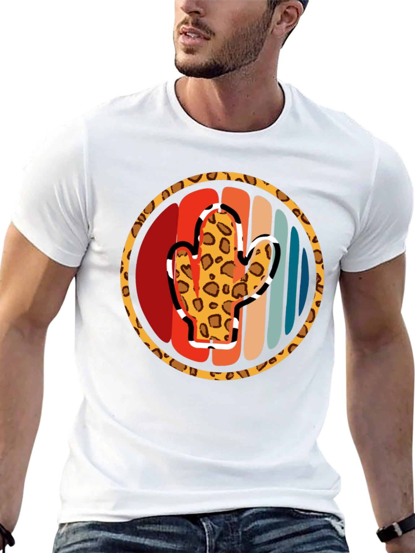 Retro Cactus Leopard Print Mens T-Shirt