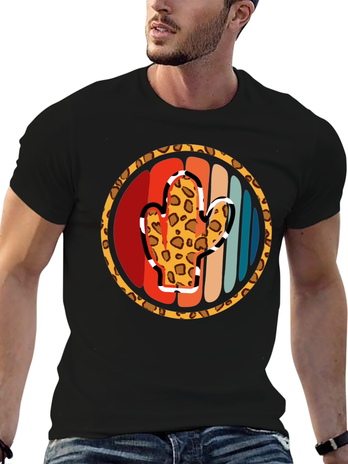 Retro Cactus Leopard Print Mens T-Shirt