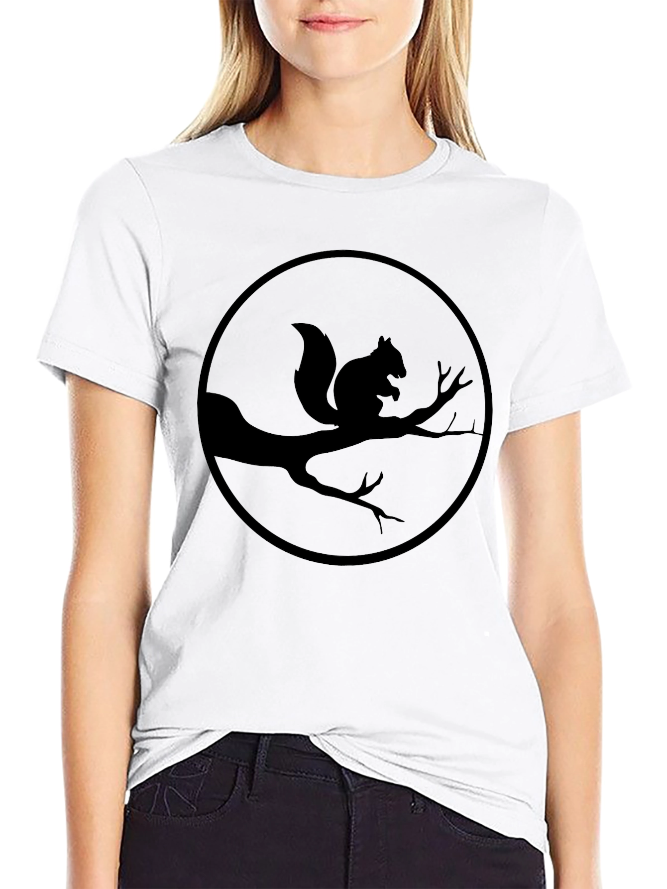 Squirrel Silhouette Graphic Tee - Black Crew Neck Shirt