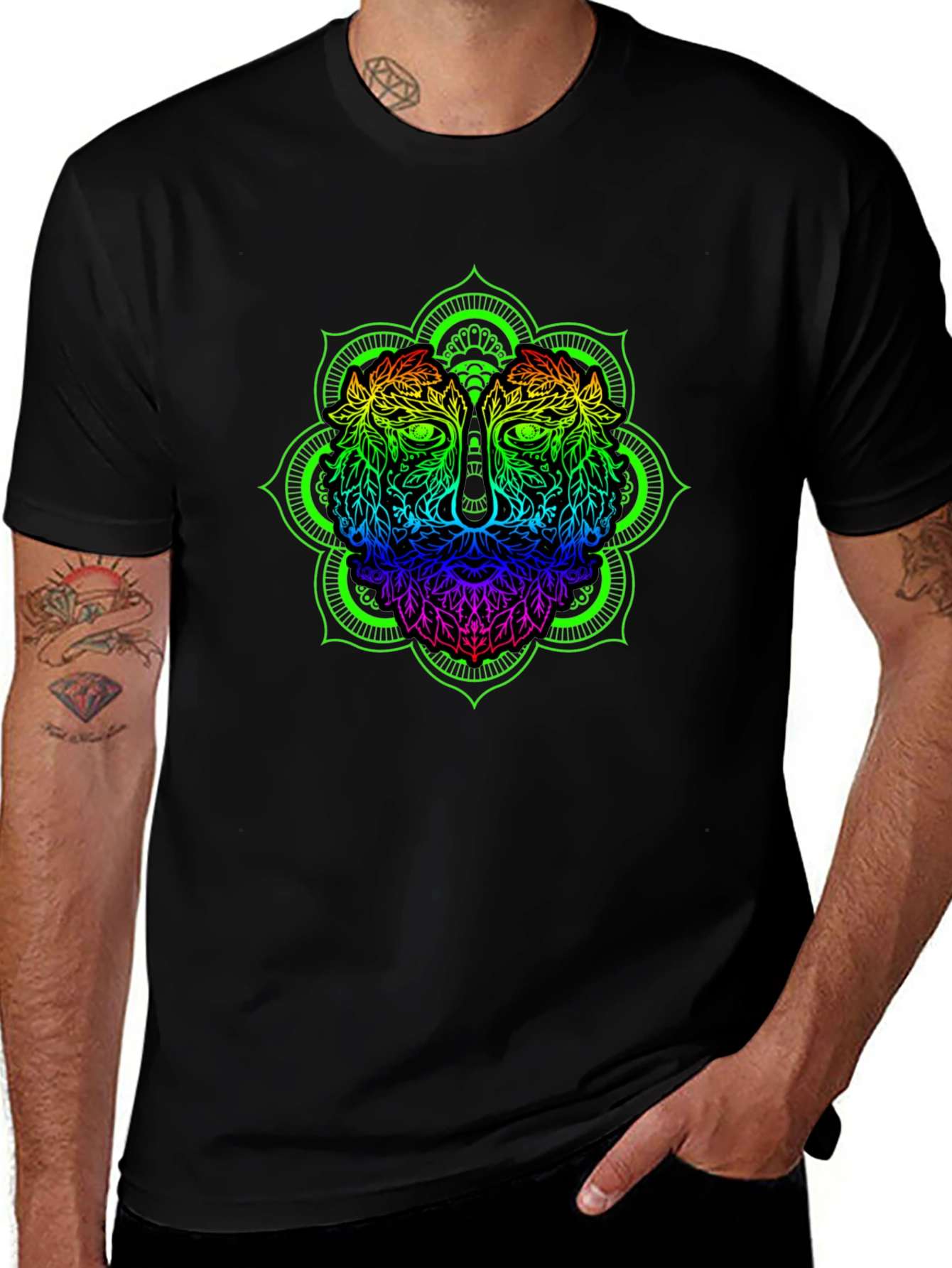 Rainbow Lion Mandala Graphic Black T-Shirt
