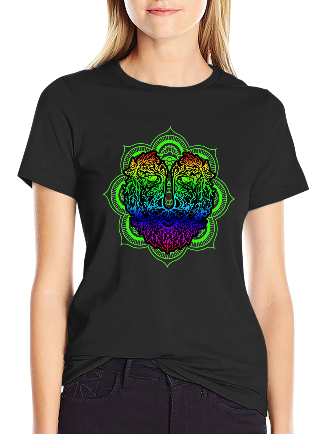 Rainbow Lion Mandala Graphic Black T-Shirt