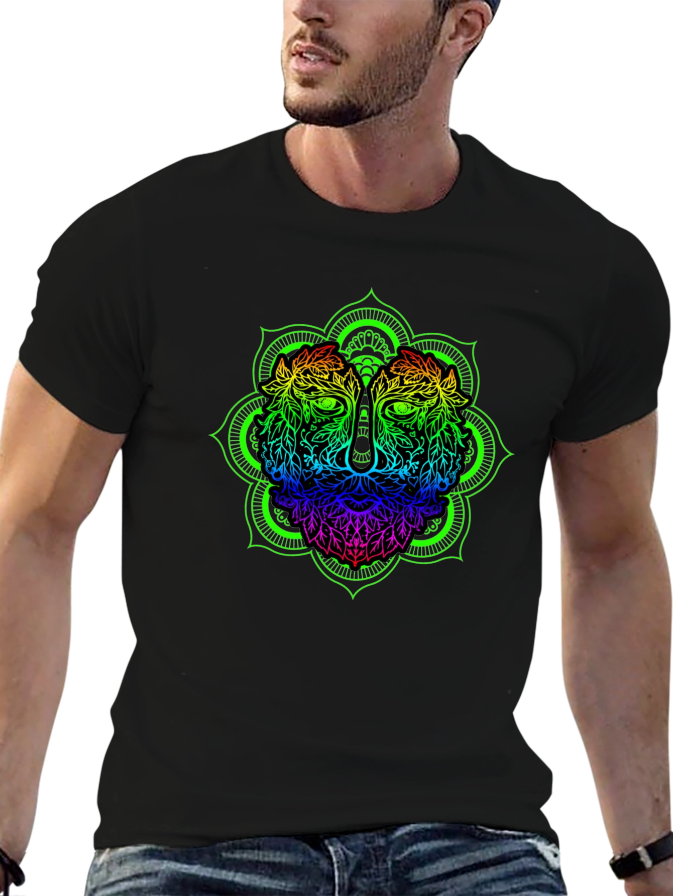 Rainbow Lion Mandala Graphic Black T-Shirt