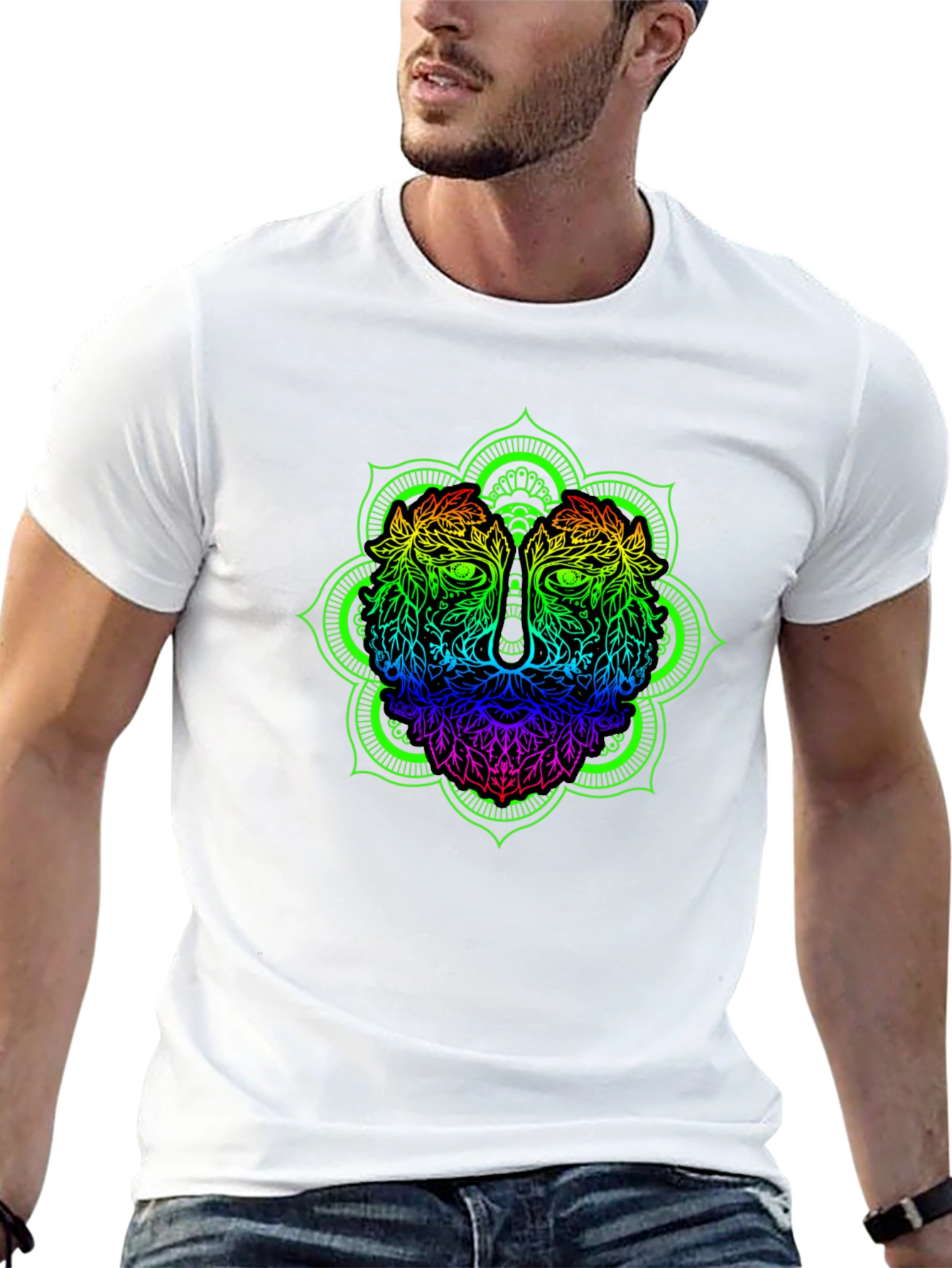 Rainbow Lion Mandala Graphic Black T-Shirt