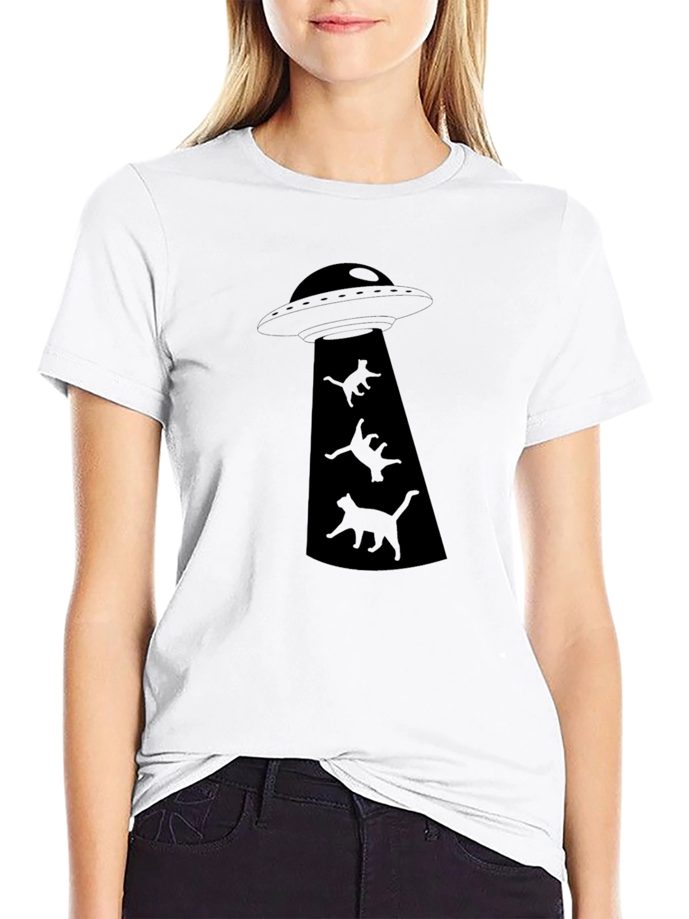UFO Cat Abduction Black Graphic T-Shirt