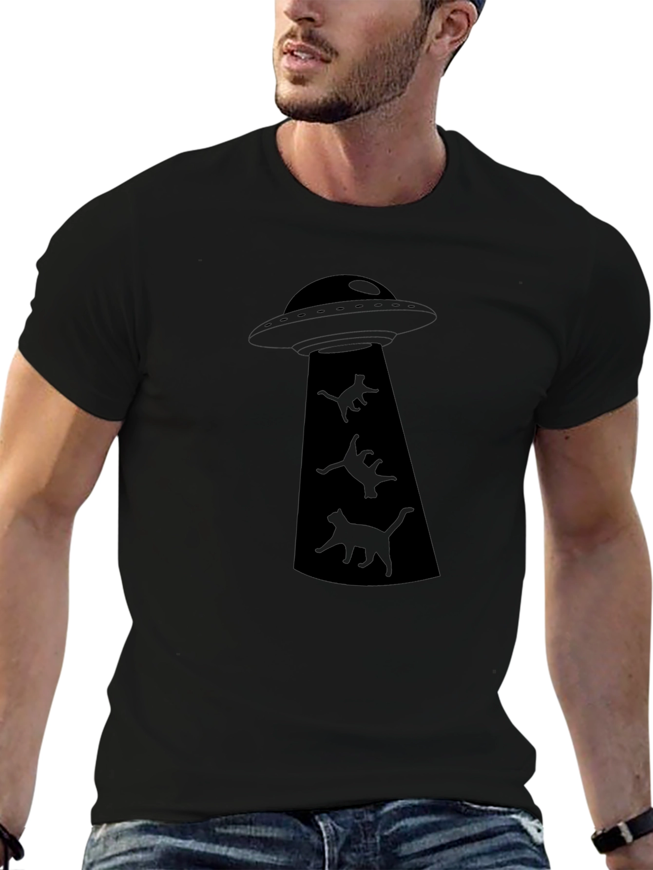 UFO Cat Abduction Black Graphic T-Shirt
