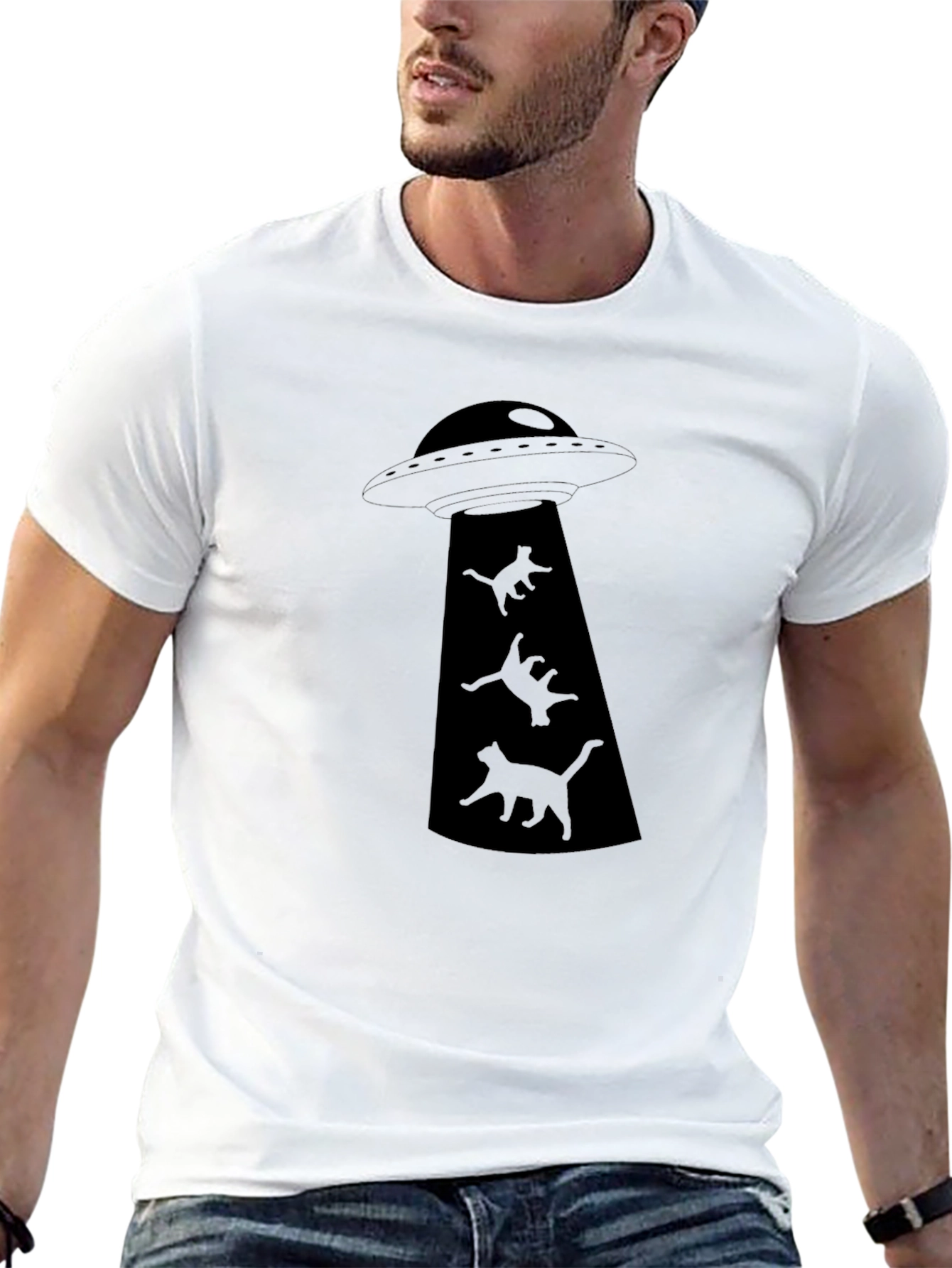 UFO Cat Abduction Black Graphic T-Shirt