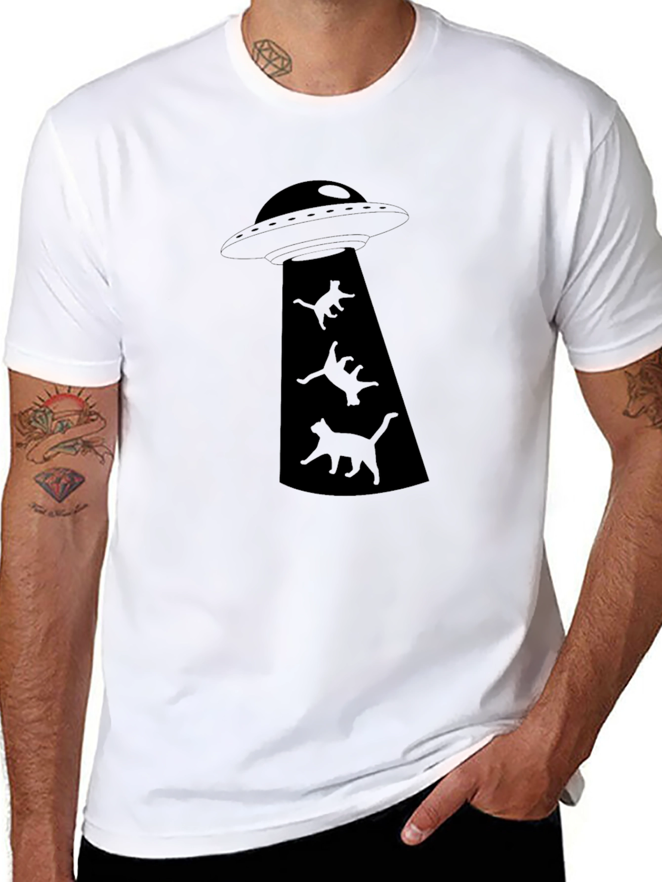 UFO Cat Abduction Black Graphic T-Shirt