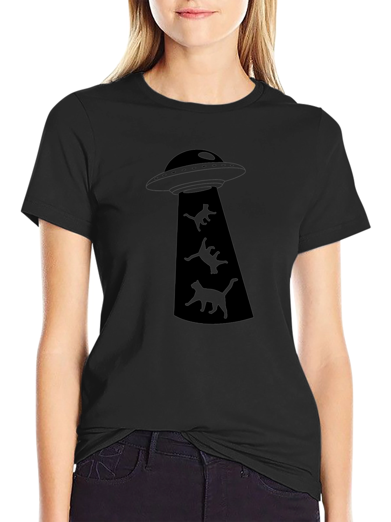 UFO Cat Abduction Black Graphic T-Shirt
