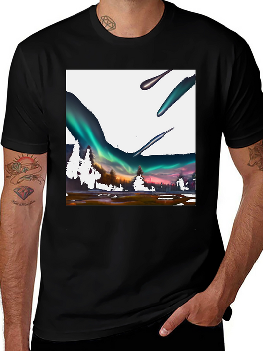 Aurora Meteor Shower Graphic Tee - Black Cotton T-Shirt