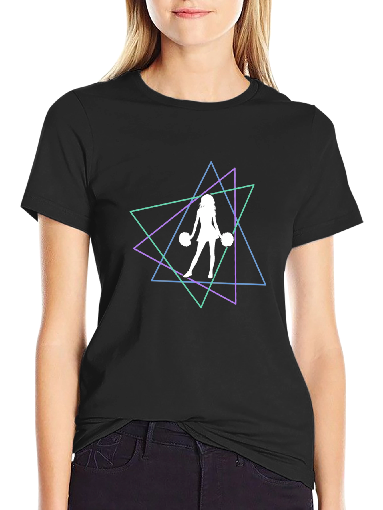 Geometric Cheerleader Graphic Tee - Trendy Black T-Shirt