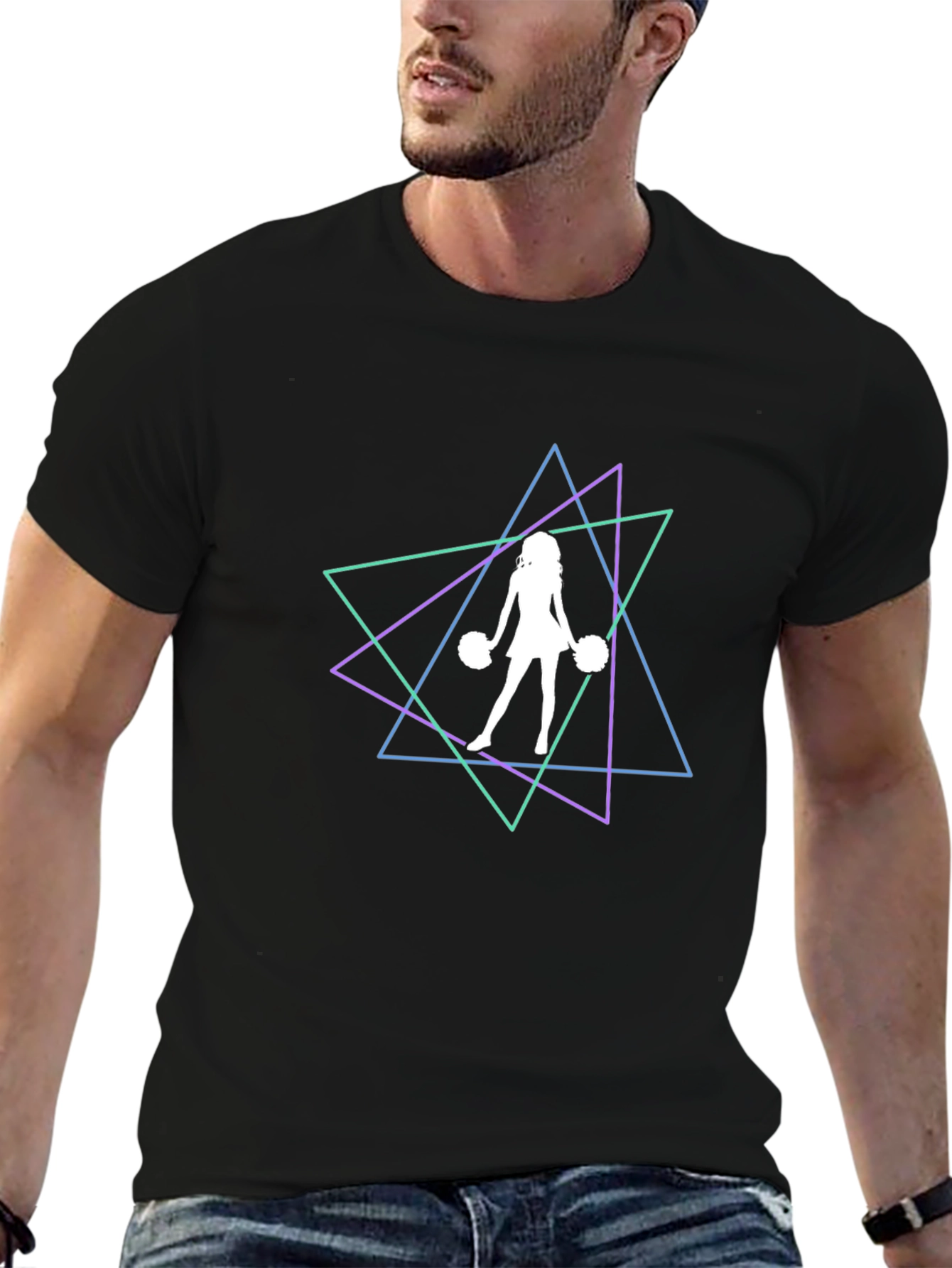 Geometric Cheerleader Graphic Tee - Trendy Black T-Shirt